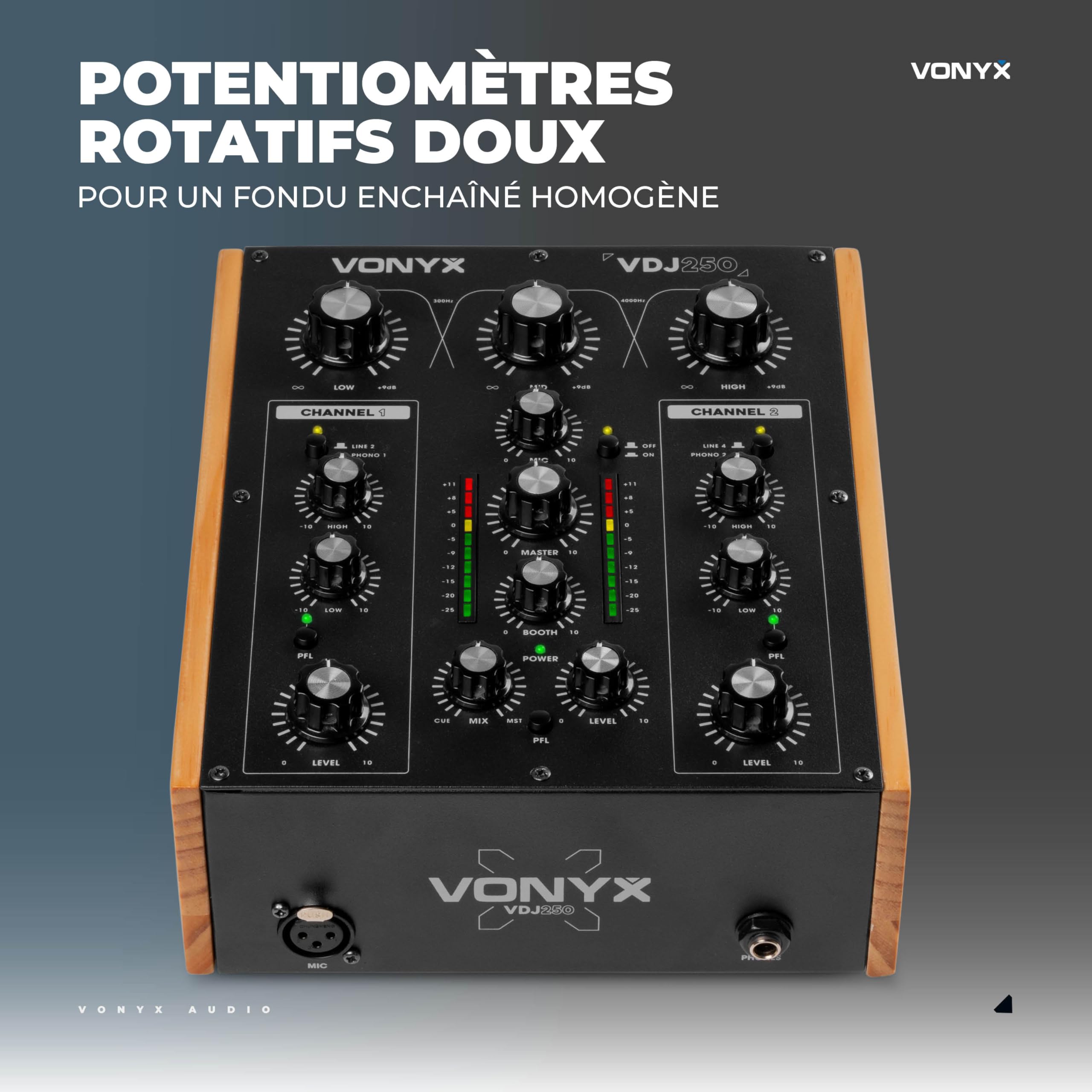 VONYX VDJ250 - Table de Mixage DJ Rotative 2 Canaux avec EQ 2 Bandes, Entrées Phono/Line, Mixer Analogique Compact pour DJ Vinyles & Sources Audio