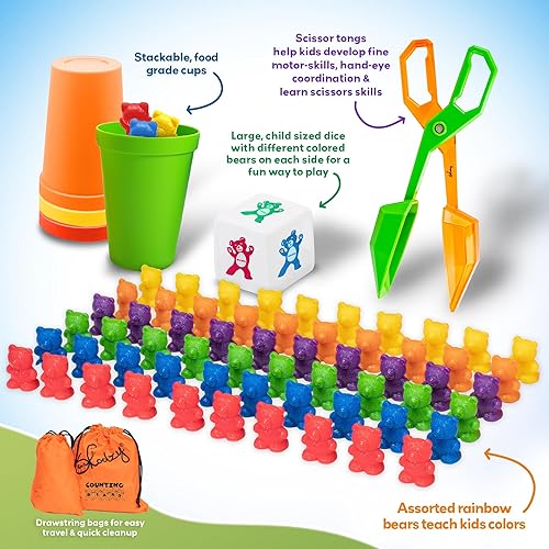 Miniatura 3 de Skoolzy - Juego de osos para contar con vasos a juego para clasificar y dado de matemáticas para niños pequeños 71 piezas incluye pinzas y bolsa de