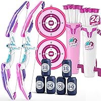 Vista 10 de Paquete de 2 arcos y flechas para niños de 4 a 6 años, juego de tiro con luz LED con 24 flechas de ventosa, 1 objetivo de pie, 6