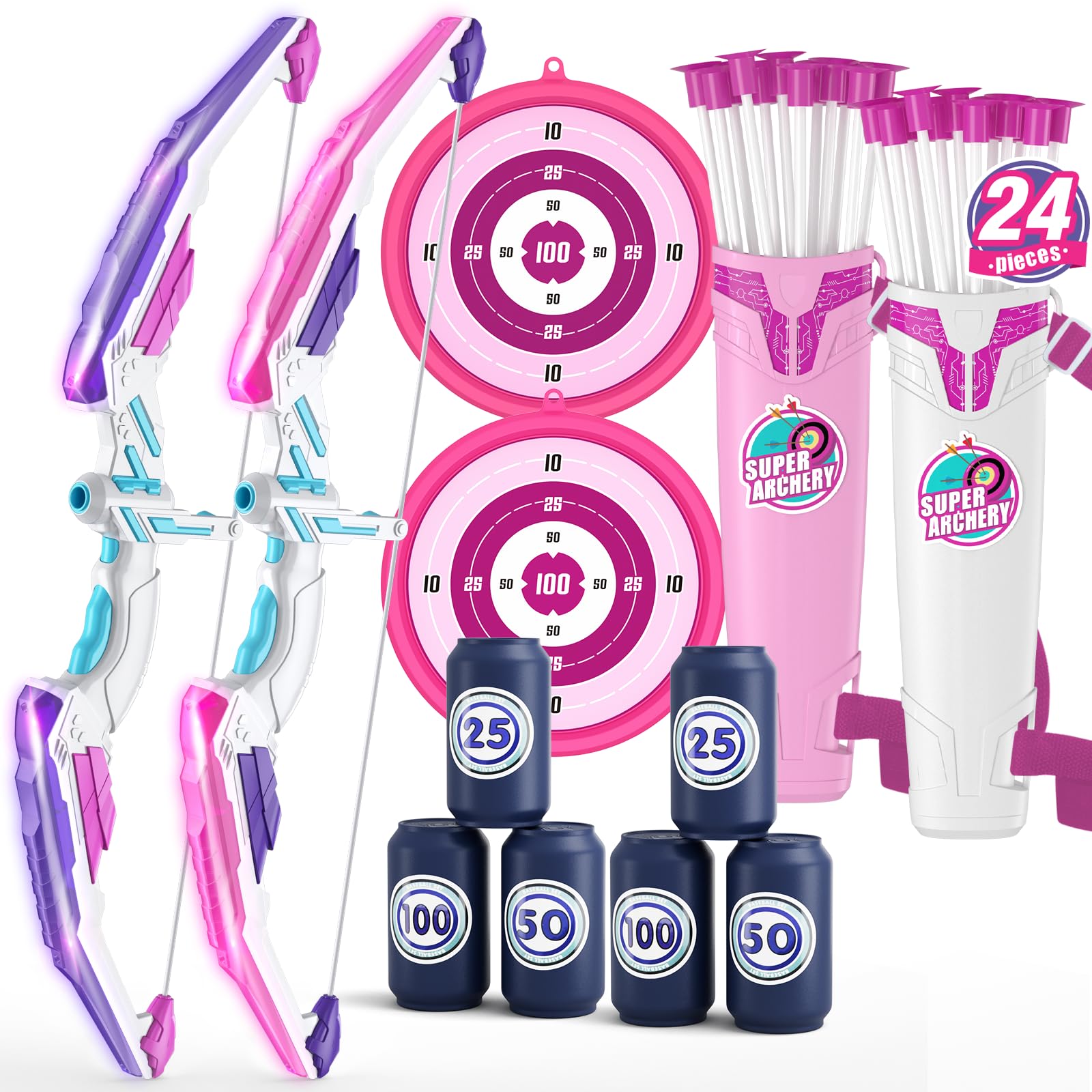HYES 2 Pack Bow and Arrow for Kids, LED Light Up Archery Set with 24 Suction Cup Arrows, 2 Hanging Targets, 6 Score Targets & 2 Quiver, Indoor Outdoor