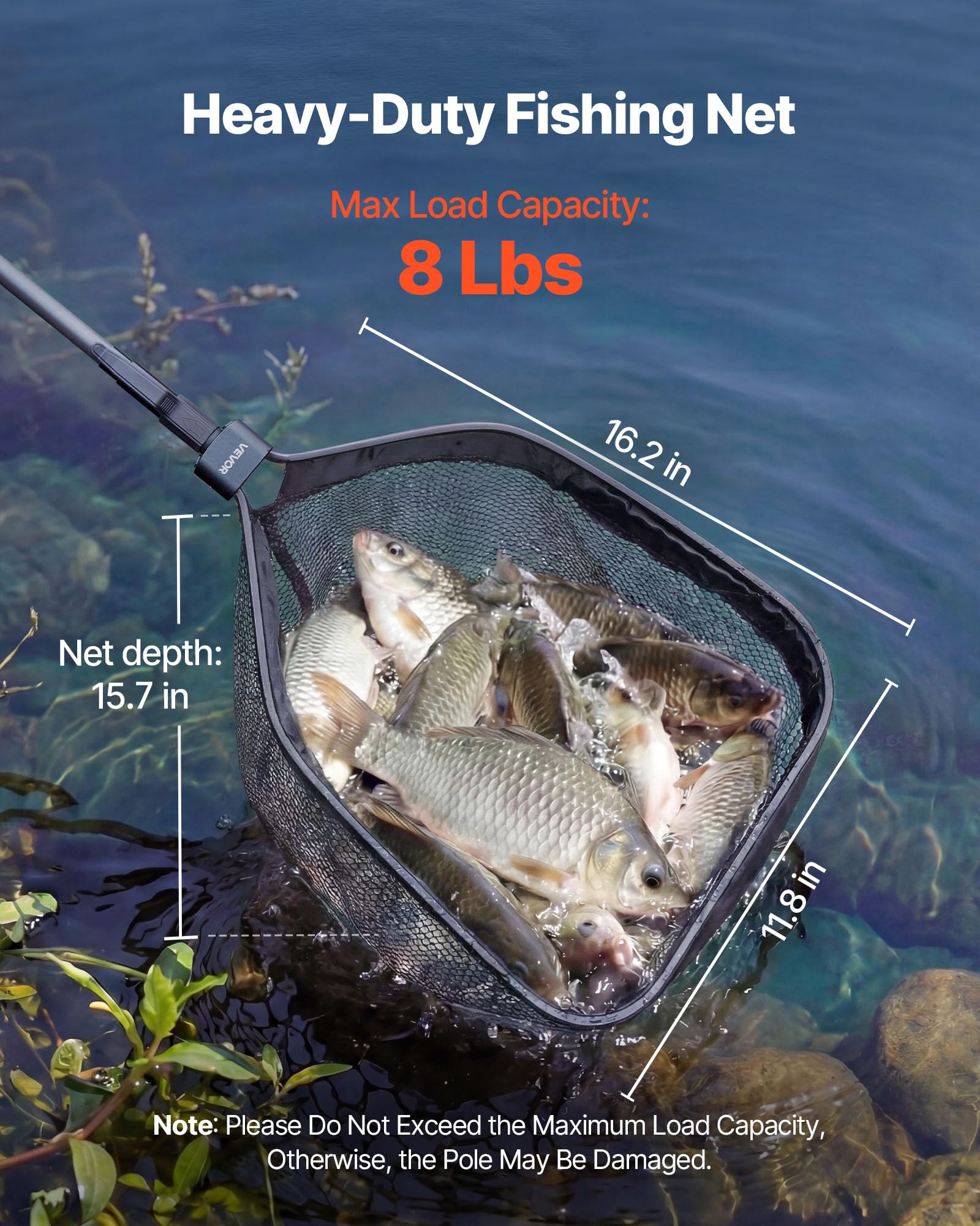 VEVOR Red de Pesca de Fibra de Carbono, Red de Aterrizaje de Peces con Mango Telescópico, Nailon Recubierto de PVC, Portátil y Ligero, Sacadera Soporta hasta 4 kg para Kayak, Barco, Orilla, Estanque