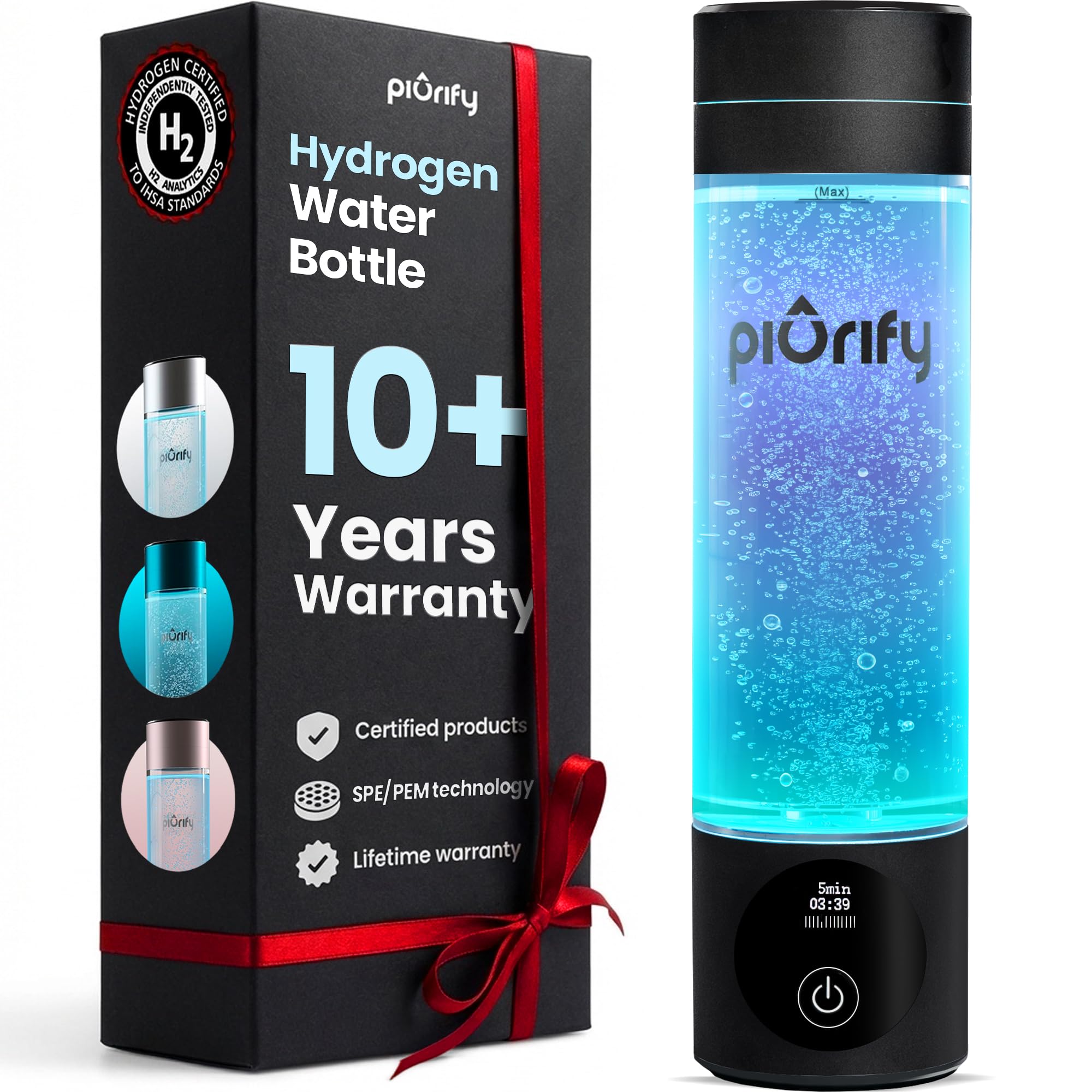 PIURIFY Hydrogen Water Bottle Generator | Up to 6300+ PPB in 3 Cycles | Molecular Hydrogen with SPE/PEM Technology | Certified H2 Generator | Rechargeable | Extended Warranty | 10 oz (Black)