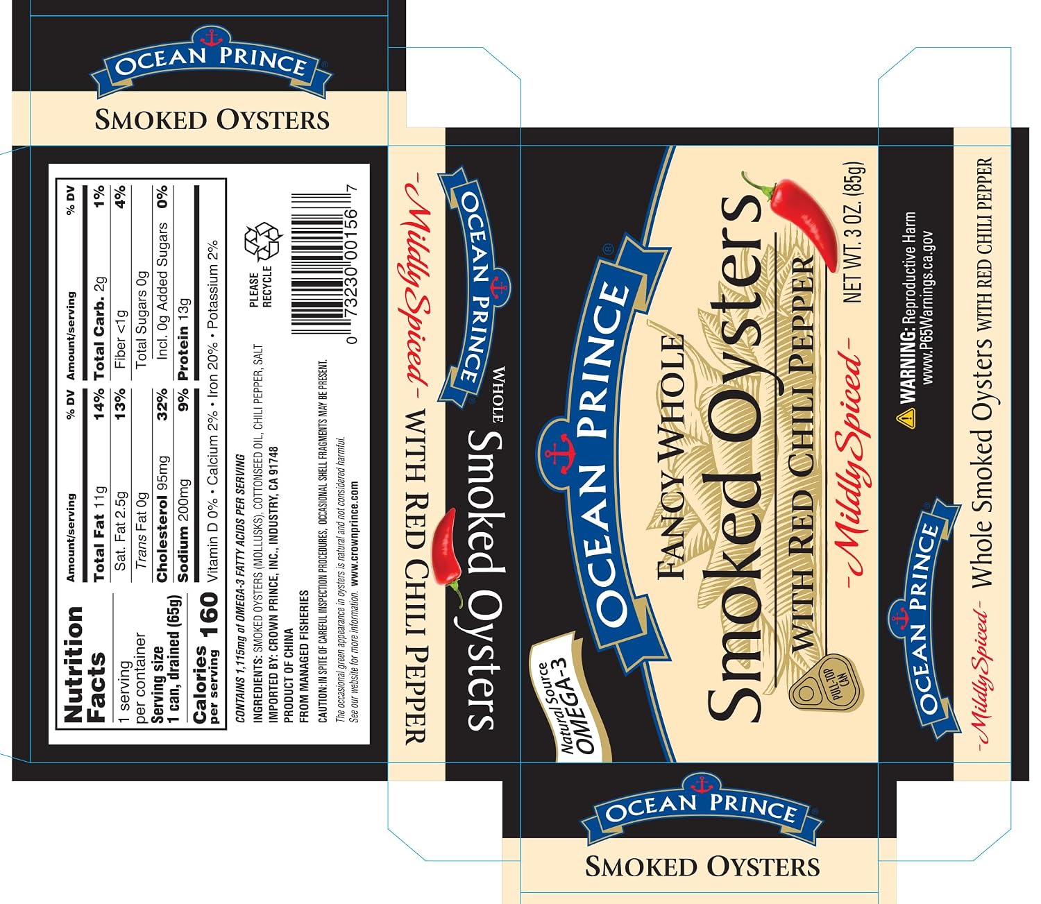 Ocean Prince Smoked Oysters with Red Chili Pepper, 3 Ounce Cans (Pack of 18)