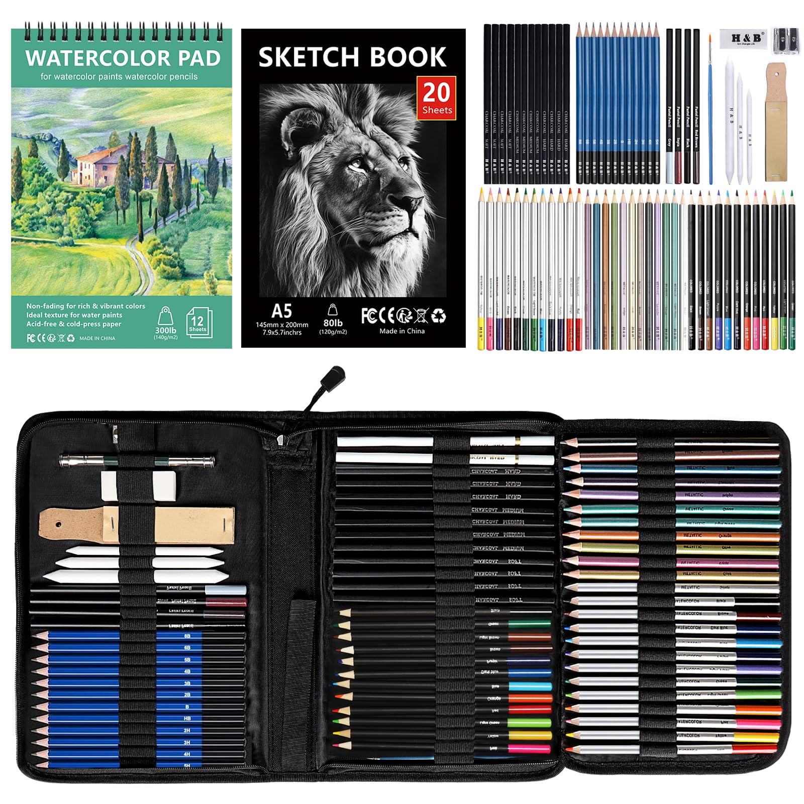 Juego de Suministros de Arte de 76 Piezas, Lápices de Dibujo,Kit Dibujo,Lápices de Colores Profesionales,Bosquejo Material Set,Juego de Lápices de Colorear de Artista,Juego de Dibujo