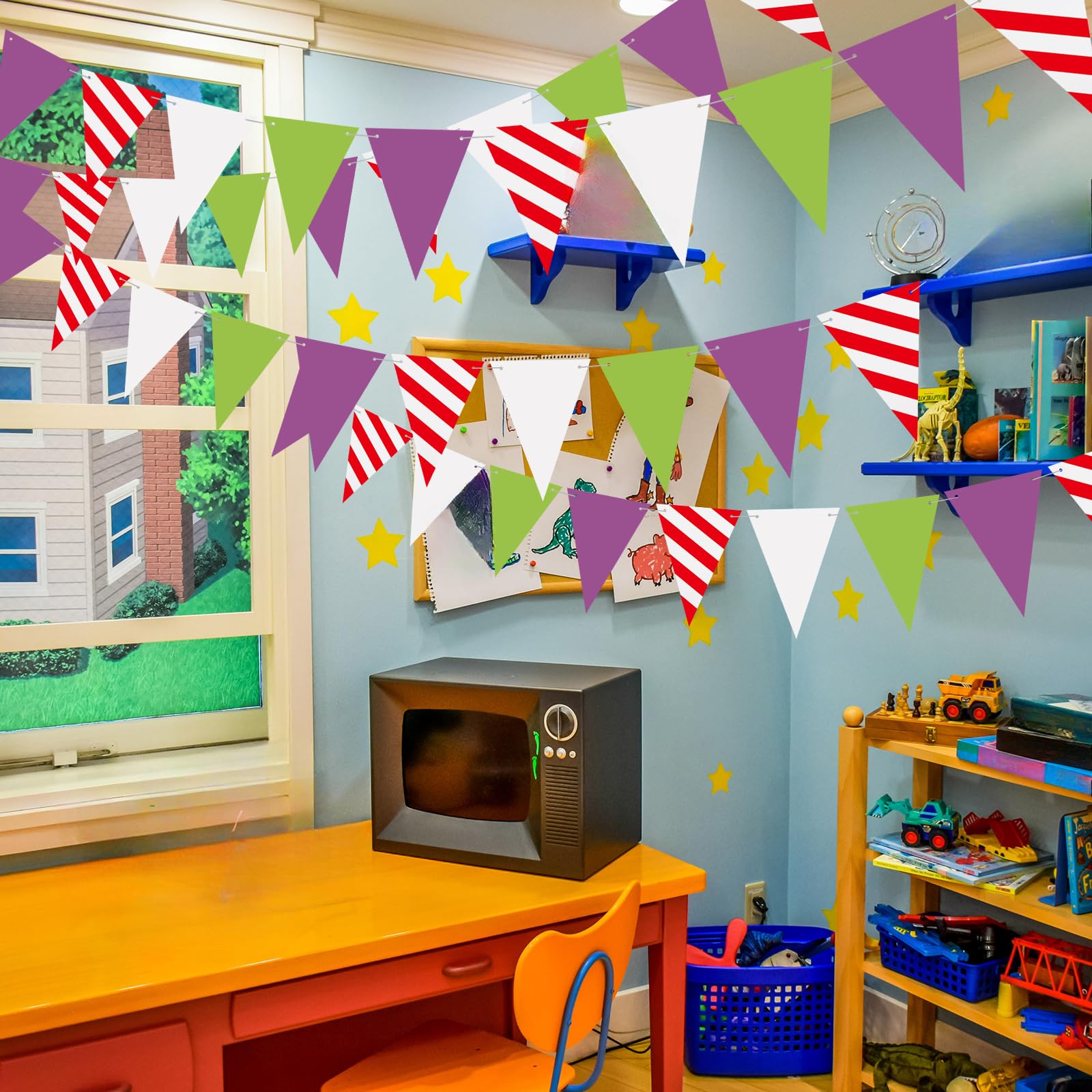 SmoothNovelty 5 Stück Cartoon-Licht-Spielzeug-Themenparty-Dekorationen, Banner | Dreieckige Wimpelflagge mit Spielzeugthema, grün, lila, weiß, für Spiel 1., 2., 3., 4., 10. Geburtstag, Partyzubehör