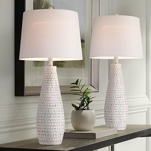 360 Lighting Juego de 2 lámparas de mesa costeras modernas de 29 12 pulgadas de alto, puerto USB, tela de cerámica blanqueada, pantalla blanca, para