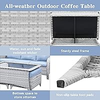 Vista 6 de Belord Mesa de centro para exteriores con parte superior de vidrio templado, mesa rectangular de mimbre gris claro, mesa de centro de ratán tejida a