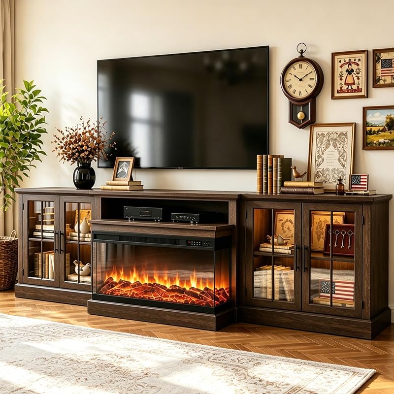 98" Farmhouse TV Stand with Fireplace, Brown & Black