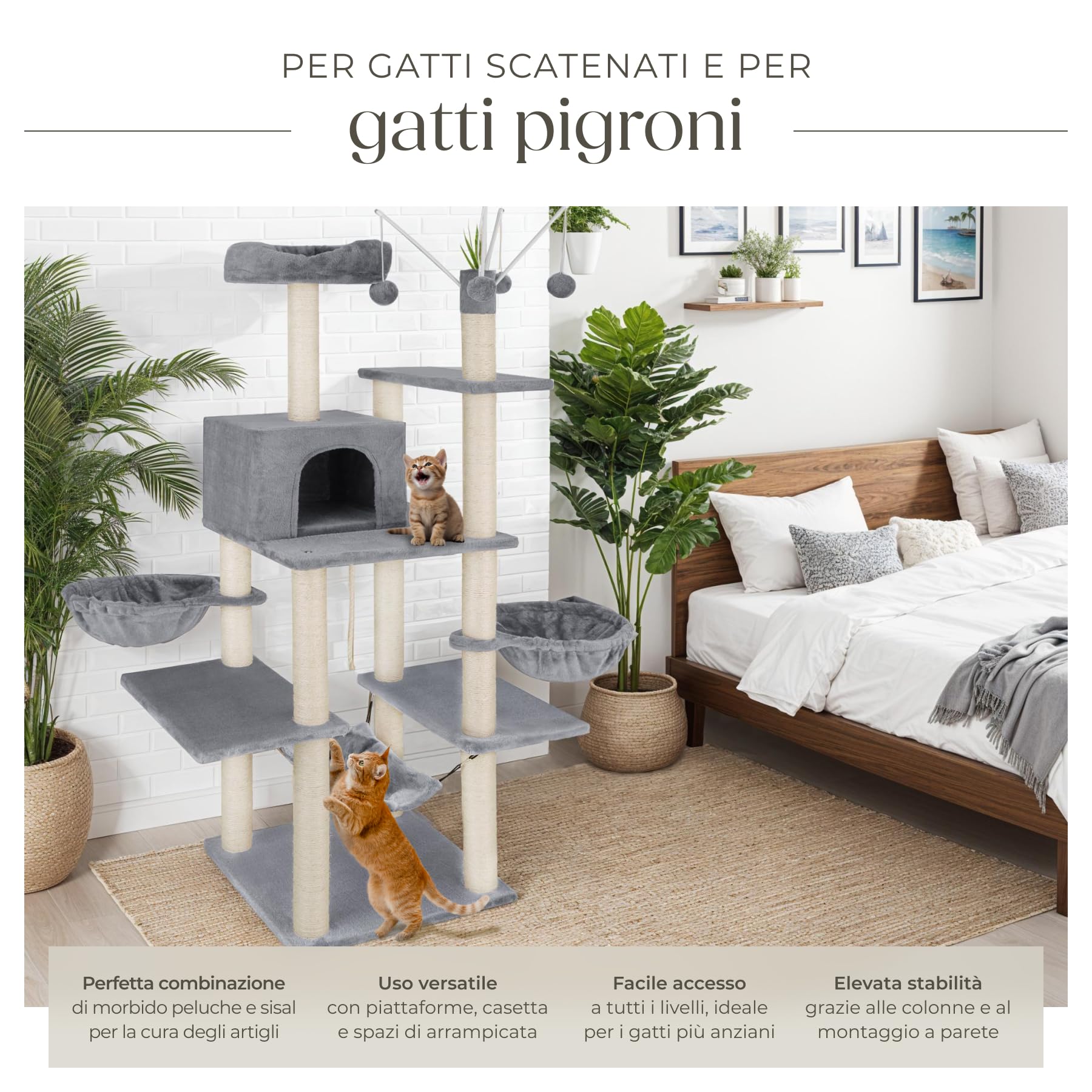 tectake® Albero Tiragraffi per Gatti con Colonne in Sisal, Tiragraffi Gatto con Cuccette e Comoda Casetta, Tiragraffi con Piattaforma Panoramica, Rivestimento in Morbido Peluche - Grigio