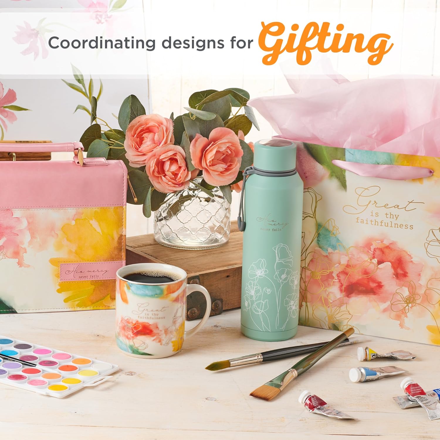 Christian Art Gifts Stainless Steel Insulated Double Wall Vacuum Spill-proof Water Bottle for Women: His Mercy Never Fails - Encouraging Drinkware for Hot/Cold All Day Temp, Teal Floral, 24 fl. oz. - Image 7