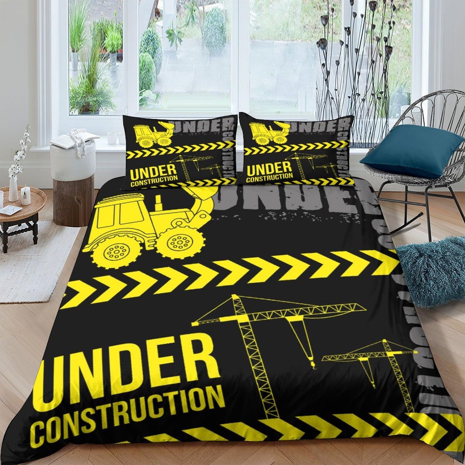 Ctjqhvkz Style-3 3D Printed Construction Truck Fitted Sheet Microfiber Black Yellow Crane Bed Cover For Bedroom Dorm Easy Care Single（135X200cm）