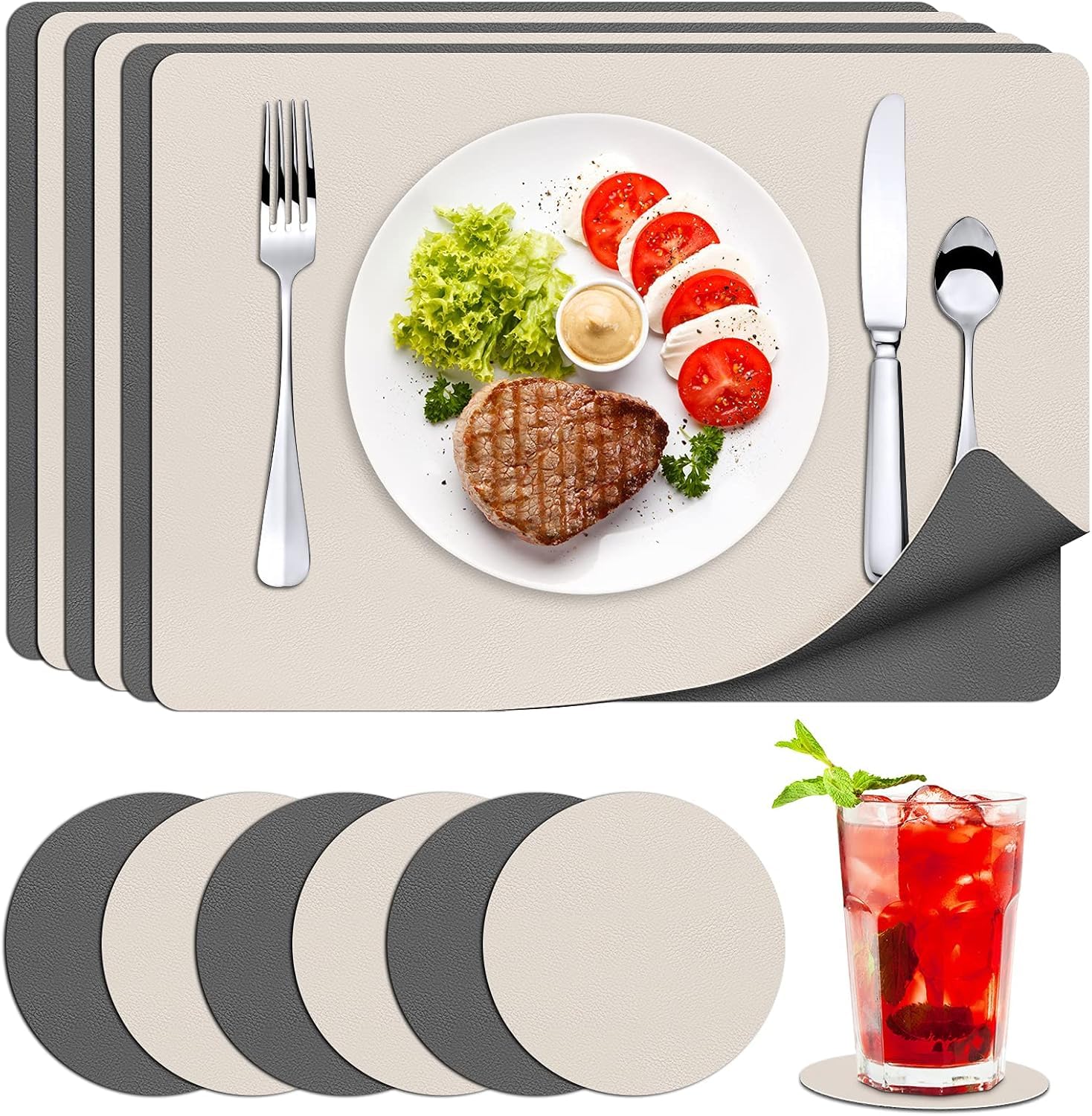 innislink Tischset Leder, 6er Platzsets Abwaschbar mit Untersetzer rutschfest Platzdeckchen Doppelseitigen Tischsets, PU Kunstleder Hitzebeständig für Küche Hause Restaurant - 43x30cm, Beige Grau