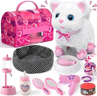 Golray Cat Toys for Kids Girls Gift, Electronic Interactive Plush Toy Cat Can Walk and Meow - 16 Pcs Carrier & Pet Groom Feed Care Pretend Play Set, Birthday Gift for Toddler Little Girl 3 4 5 6 7 8 9