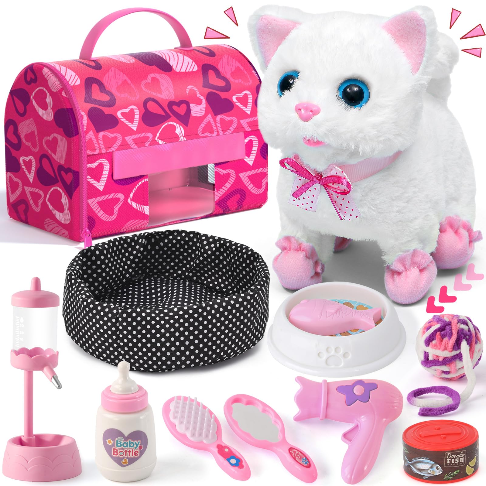 GolrayCat Toys for Kids Girls Gift, Electronic Interactive Plush Toy Cat Can Walk and Meow - 16 Pcs Carrier & Pet Groom Feed Care Pretend Play Set, Birthday Gift for Toddler Little Girl 3 4 5 6 7 8 9
