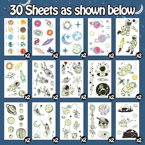 Miniatura 2 de Partywind 225 estilos (30 hojas) Tatuajes temporales luminosos para niños para suministros de fiesta, recuerdos de fiesta del espacio exterior con