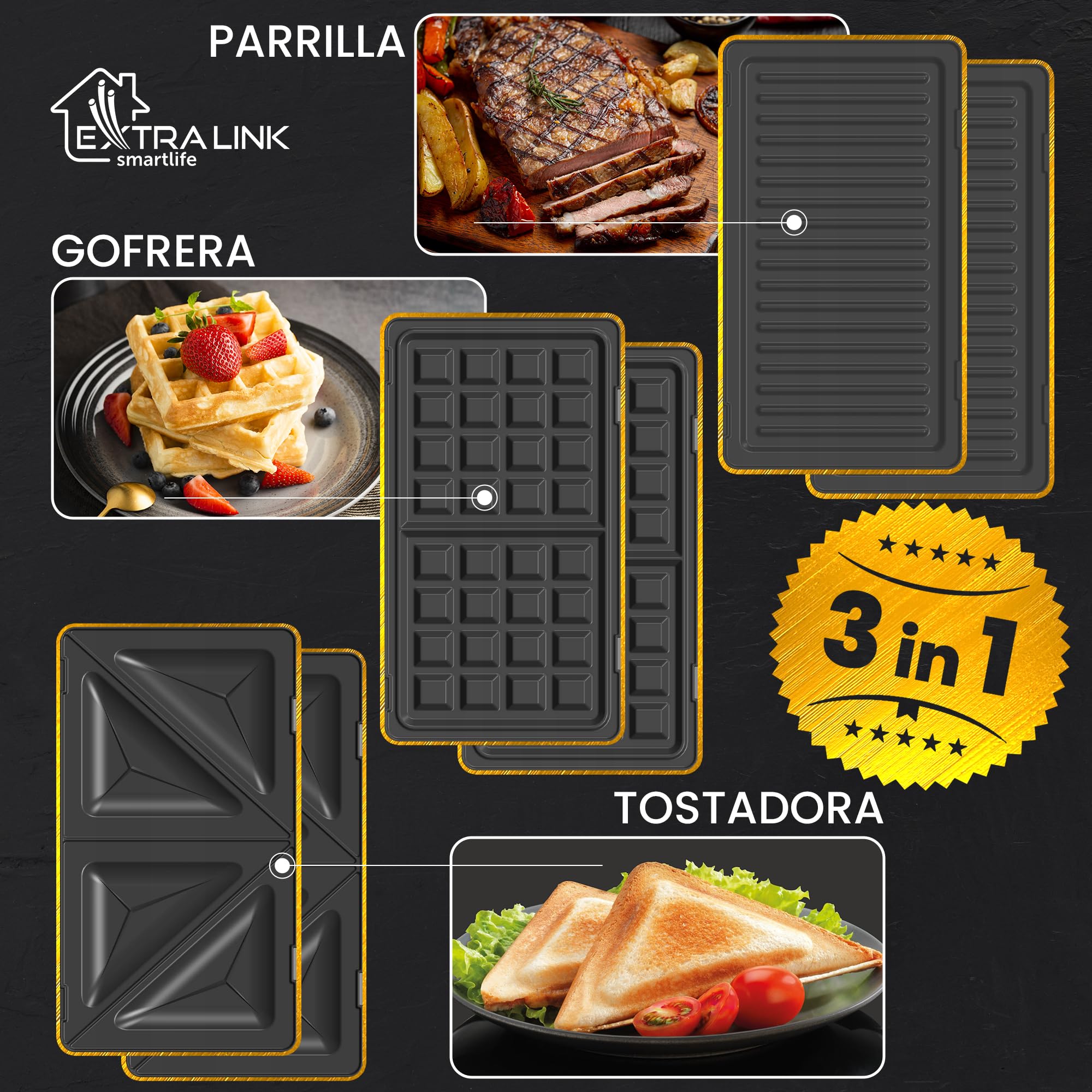 Extralink 3 en 1 Tostadora, Grill y Gofrera con Placas Intercambiables, 1000W, Antiadherente, Fácil Limpieza