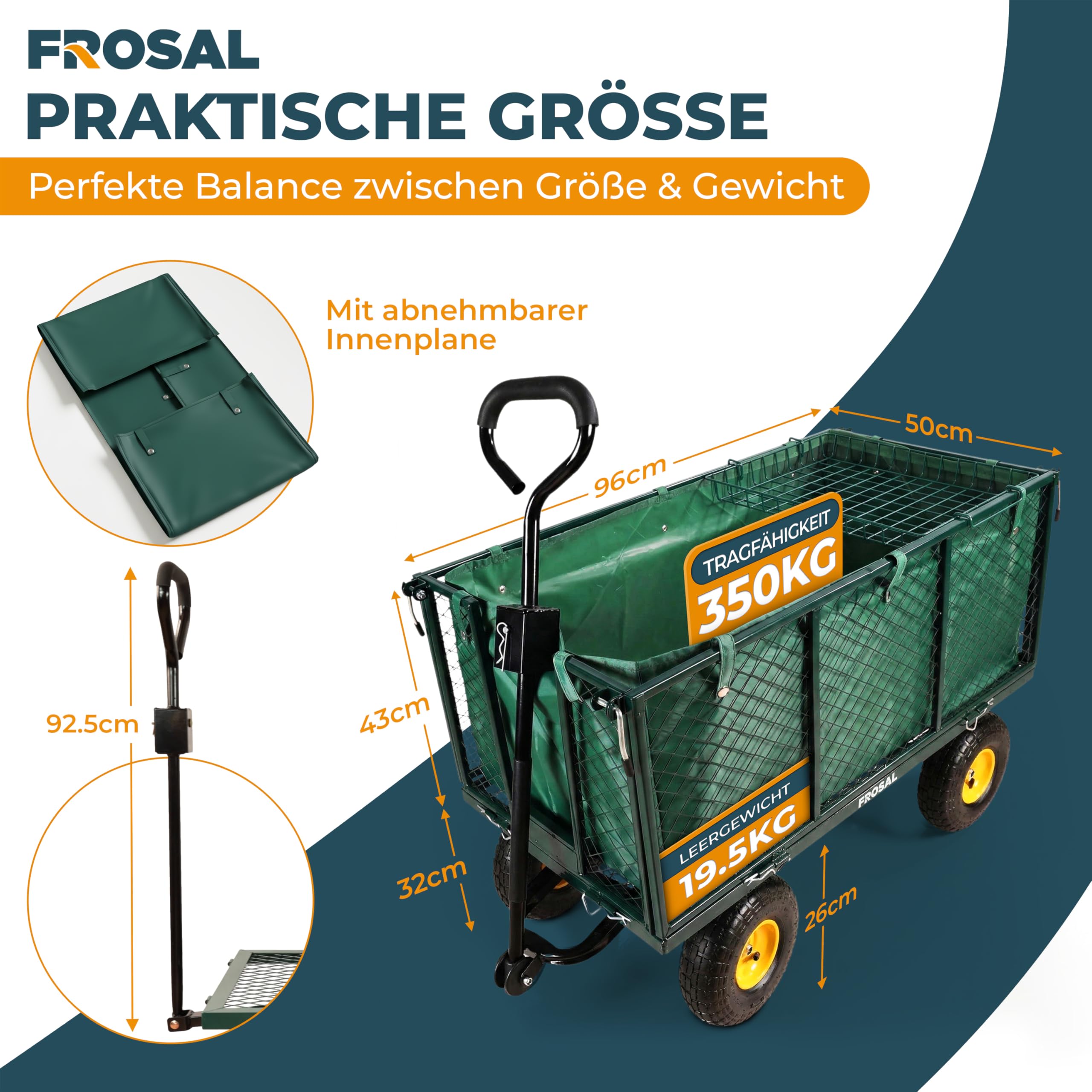 FROSAL Gartenwagen Sam – abnehmbare und klappbare Seitenwände – 350kg Traglast mit Luftreifen – Transportwagen mit Gitter & Plane – Handwagen für Garten, Baustelle & Hof – 200L Volumen – grün