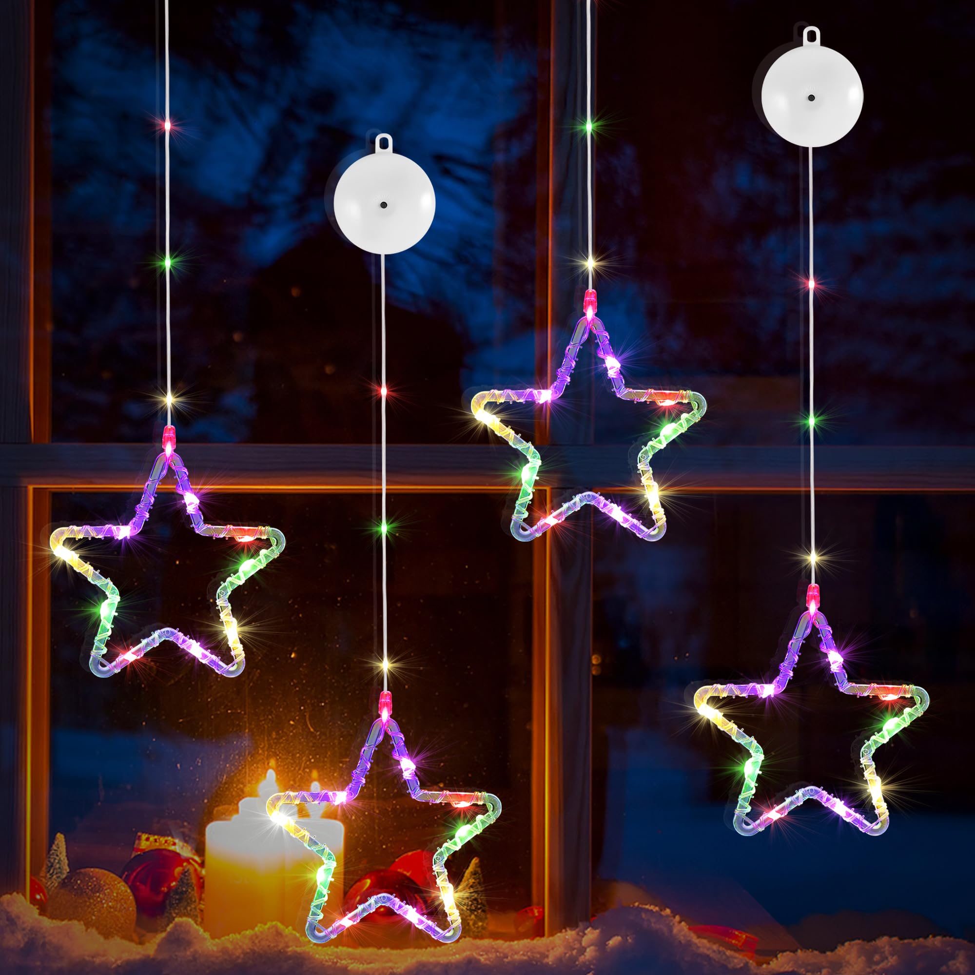 DazSpirit 4 pcs Christmas Window Lights with Suction Cups, Hanging Christmas Windows Light with 8 Modes & Auto Timer, Battery Operated Xmas Window Lights Decoration for Wall, Door (Star,Color)