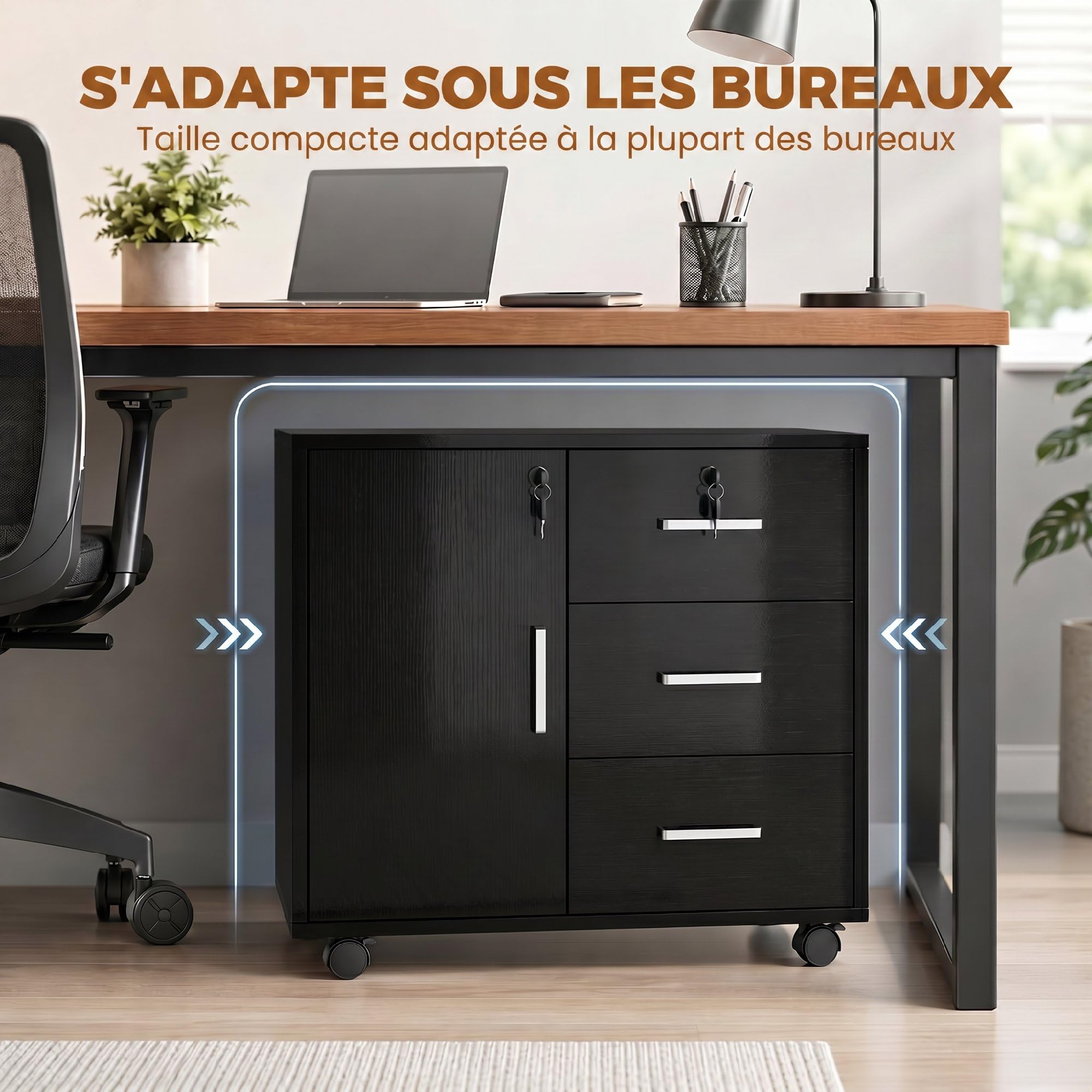 HOMCOM Cassettiera da scrivania con 3 cassetti, 40 x 60 x 56 cm, colore: Nero | Armadietto portaoggetti regolabile per ufficio, ruote