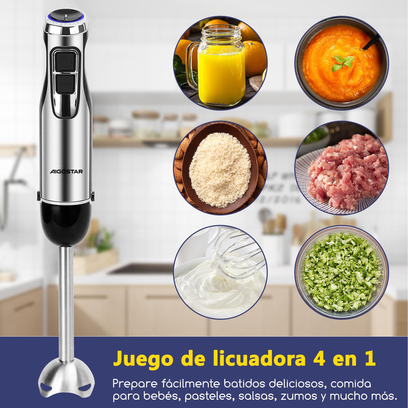 Aigostar Buckle - Batidora Mano, Minipimer 4 en 1, 1000W, 6 Velocidades y ModoTurbo, Batidora de Mano con Vaso Picador de 500ml, Vaso Medidor de 600ml y Batidor de Huevo. Libre de BPA