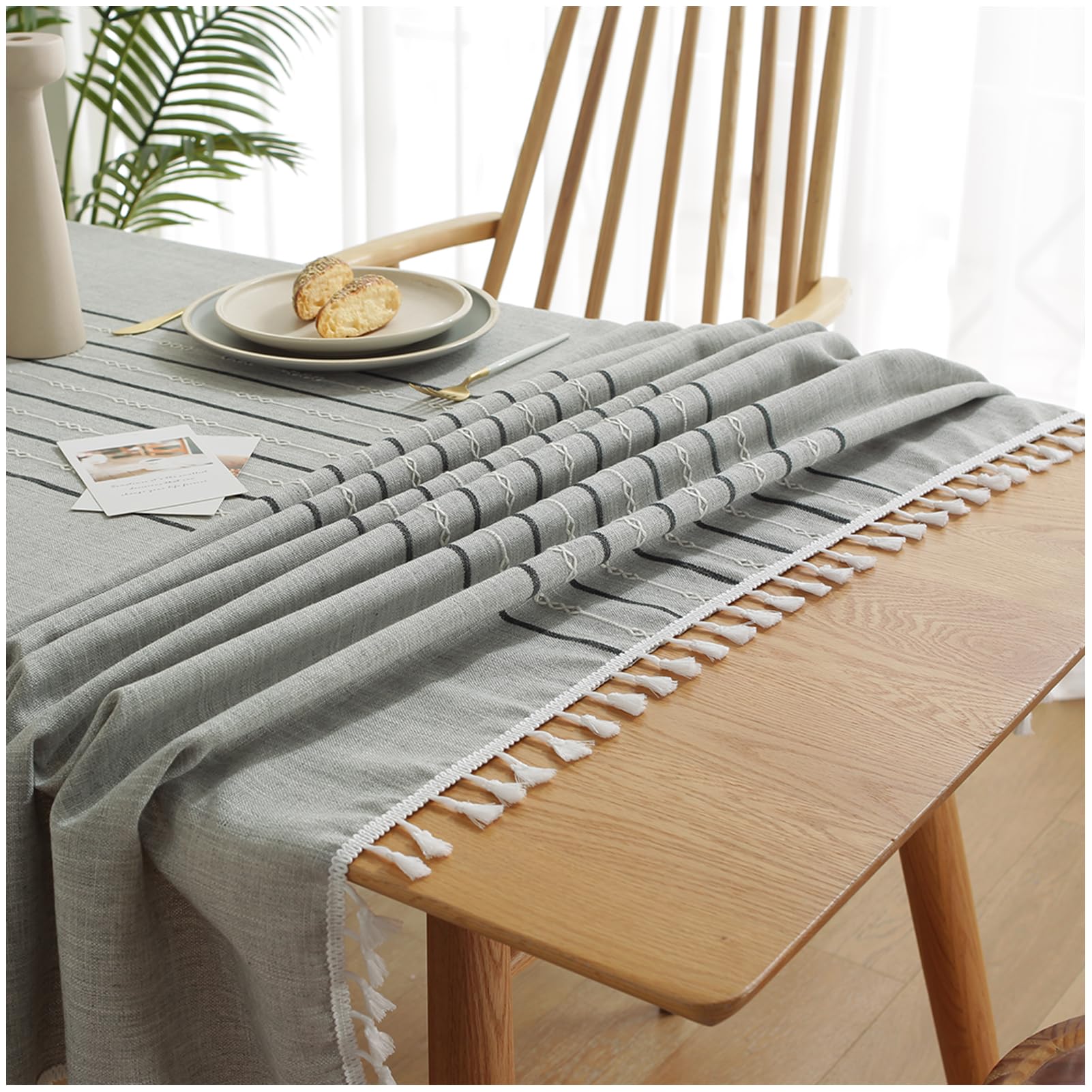 Bawełniany, lniany obrus, 130 x 205 cm, szary, pyłoszczelny, obrus na stół z frędzlami, elegancki ochraniacz na stół do jadalni, kuchni, restauracji i na specjalne okazje