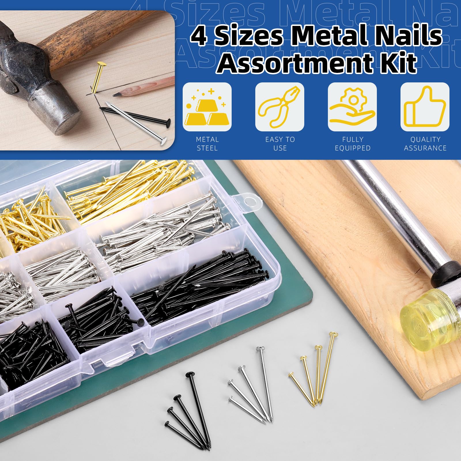 Glarks 900pcs 20/25/30/38mm Length Nail Assortment Kit, Black Silver Gold Colors Hanging Nails, Finishing Nails, Wall Nails - Image 3