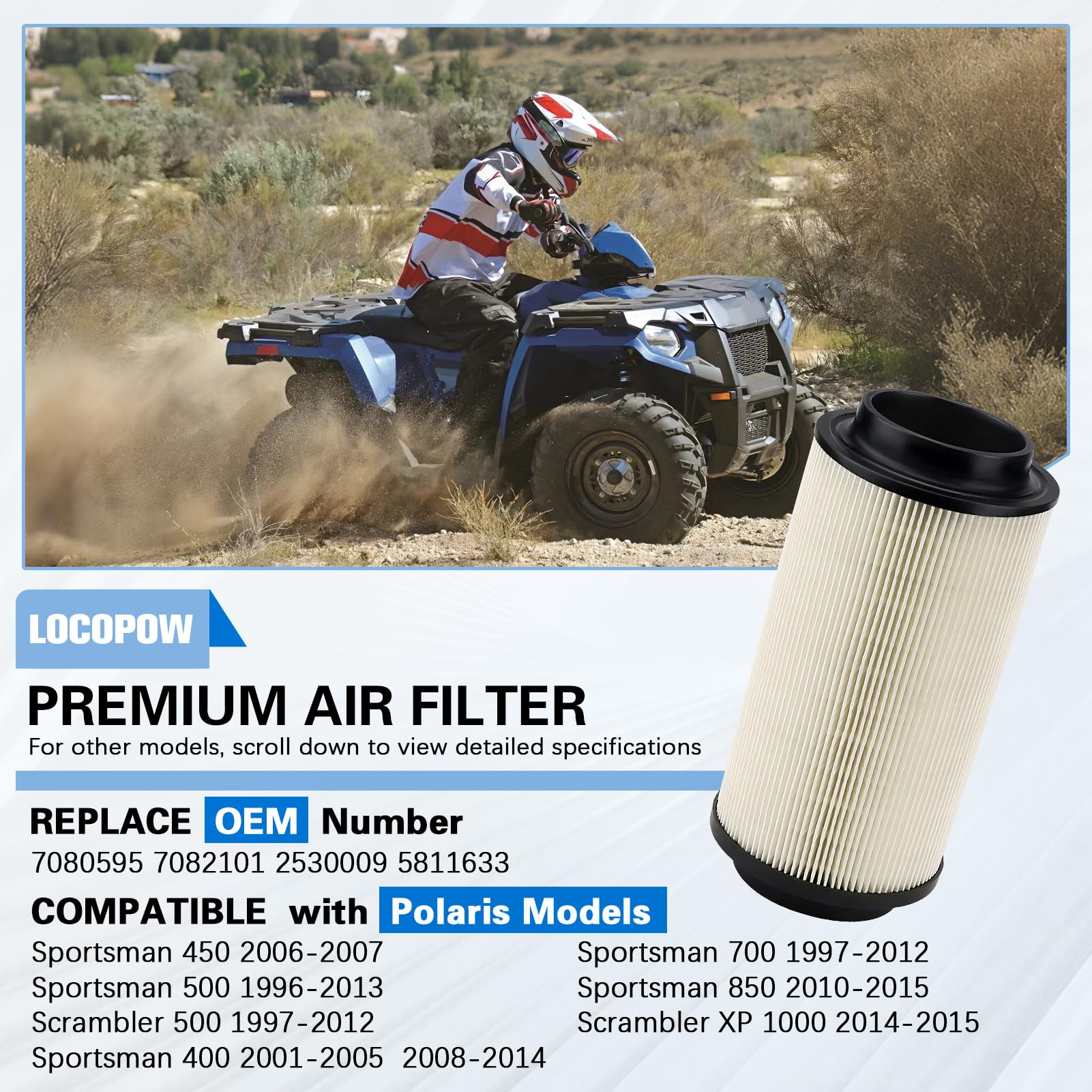 LOCOPOW 7080595 7082101 Filtro de aire para Polaris Sportsman 335 400 450 500 550 550 570 600 700 800/ Scrambler XP 850 1000 Trail Boss 325 330 Xpedition 325 425 Ranger 500