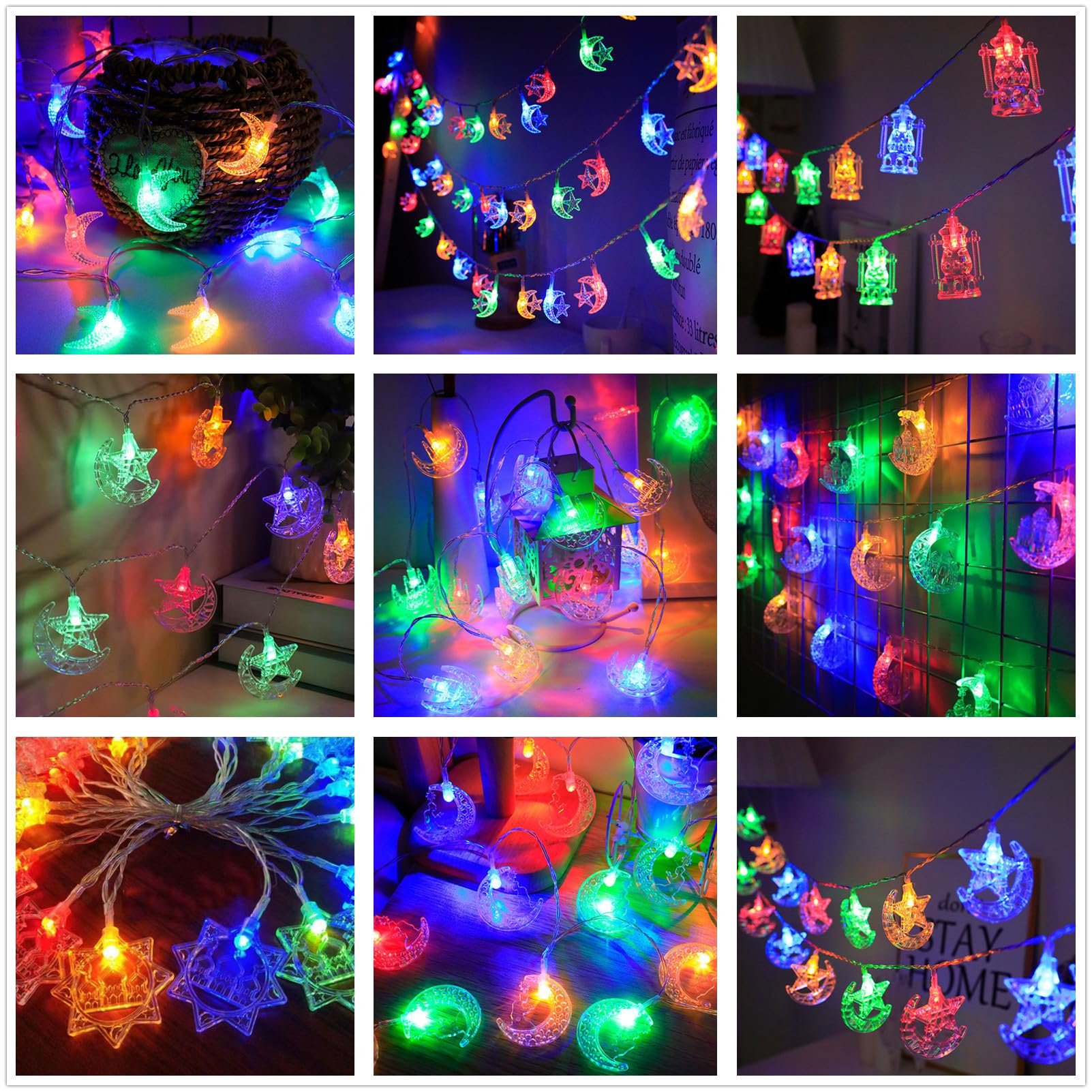 Ramadan Lights 10 m, 20 diod LED, gwiazda, księżyc, latarnia, łańcuch świetlny na baterie, wróżka, do wnętrz, Kareem, Eid, Mubarak, dekoracje do domu, na imprezę al-Fitr, ciepła biel, 03