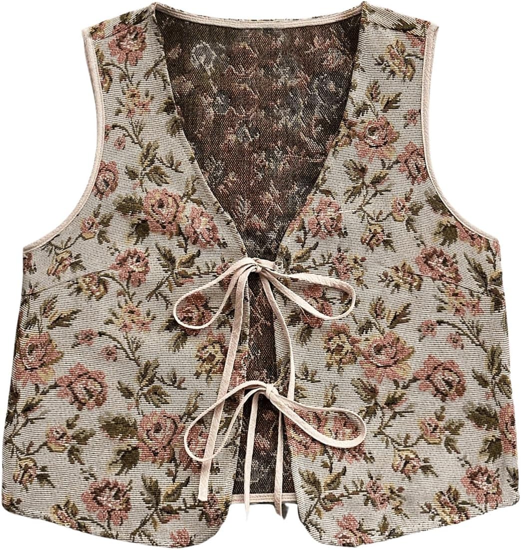 GORGLITTER Women's Plus Size Embroidered Floral Boho Vest Tops Bow Tie Front V Neck Vintage Country Concert Outfits
