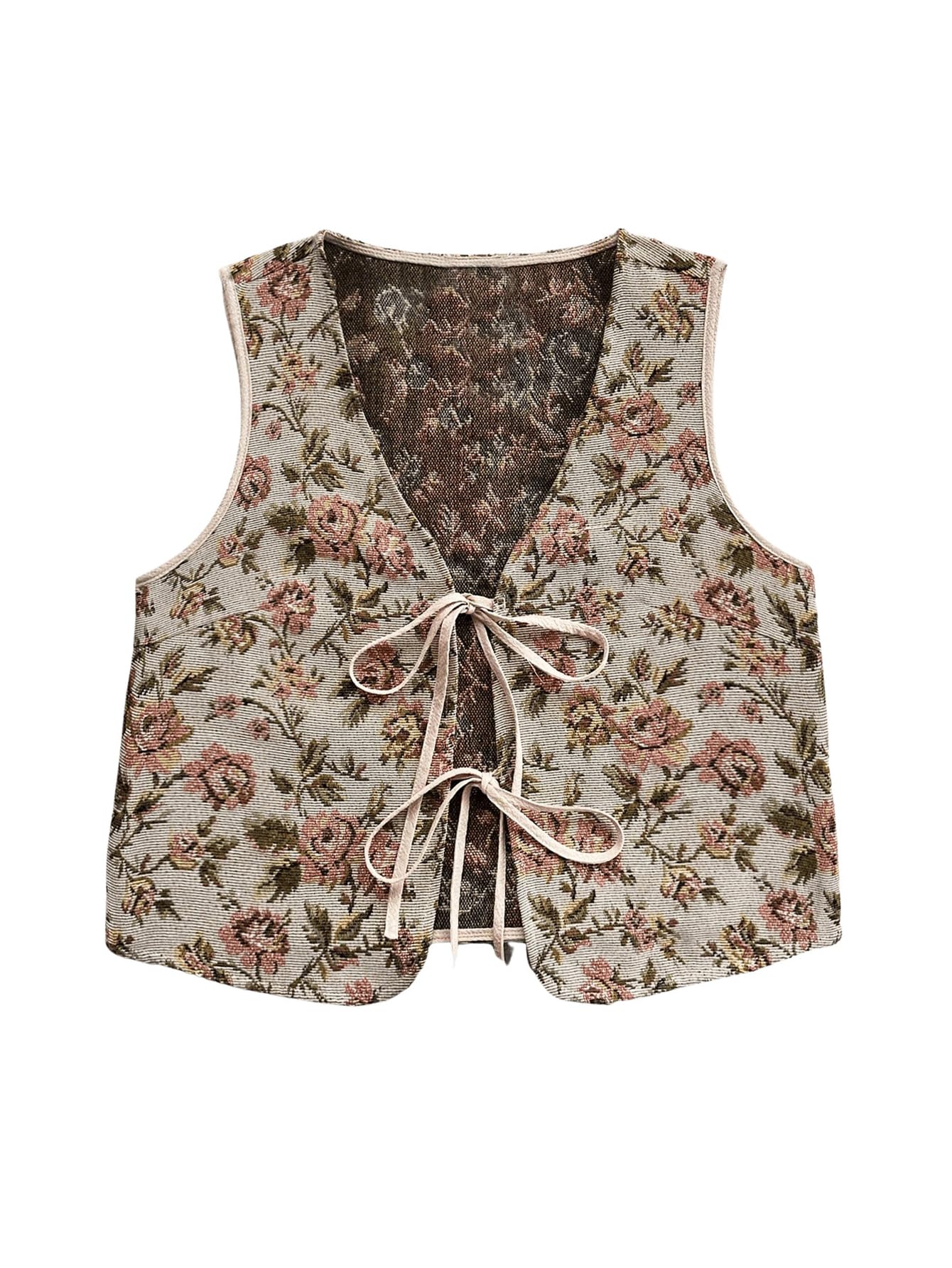 MakeMeChic Womens Boho Vintage Plus Size Floral Vests Sleeveless V Neck Tie Front Vest Outerwear