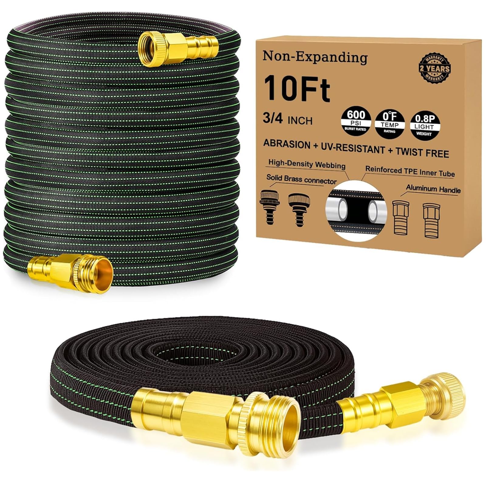 Photo 1 of 10FT Lightweight Garden Hose,Flexible Water Hose with Solid Brass Head,Kink-Free,Collapsible Hose,High Pressure Flat Water Hose for RV,Boat,Car Wash,Garden,Yard,Camper,Outdoor (Green-Black, 10 Feet)