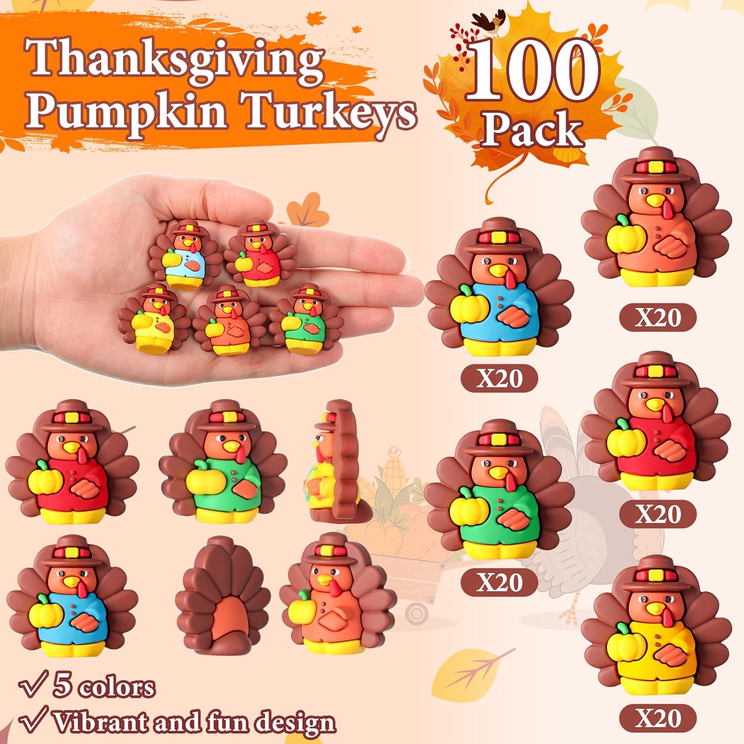 Domensi 100 Pcs Thanksgiving Mini Turkey Figurines Tiny Resin Turkey Figure to Hide and Seek Fall Mini Miniature Toy Multicolored Statue Charm for Autumn Decor Party Favor Gift Home Table Centerpiece
