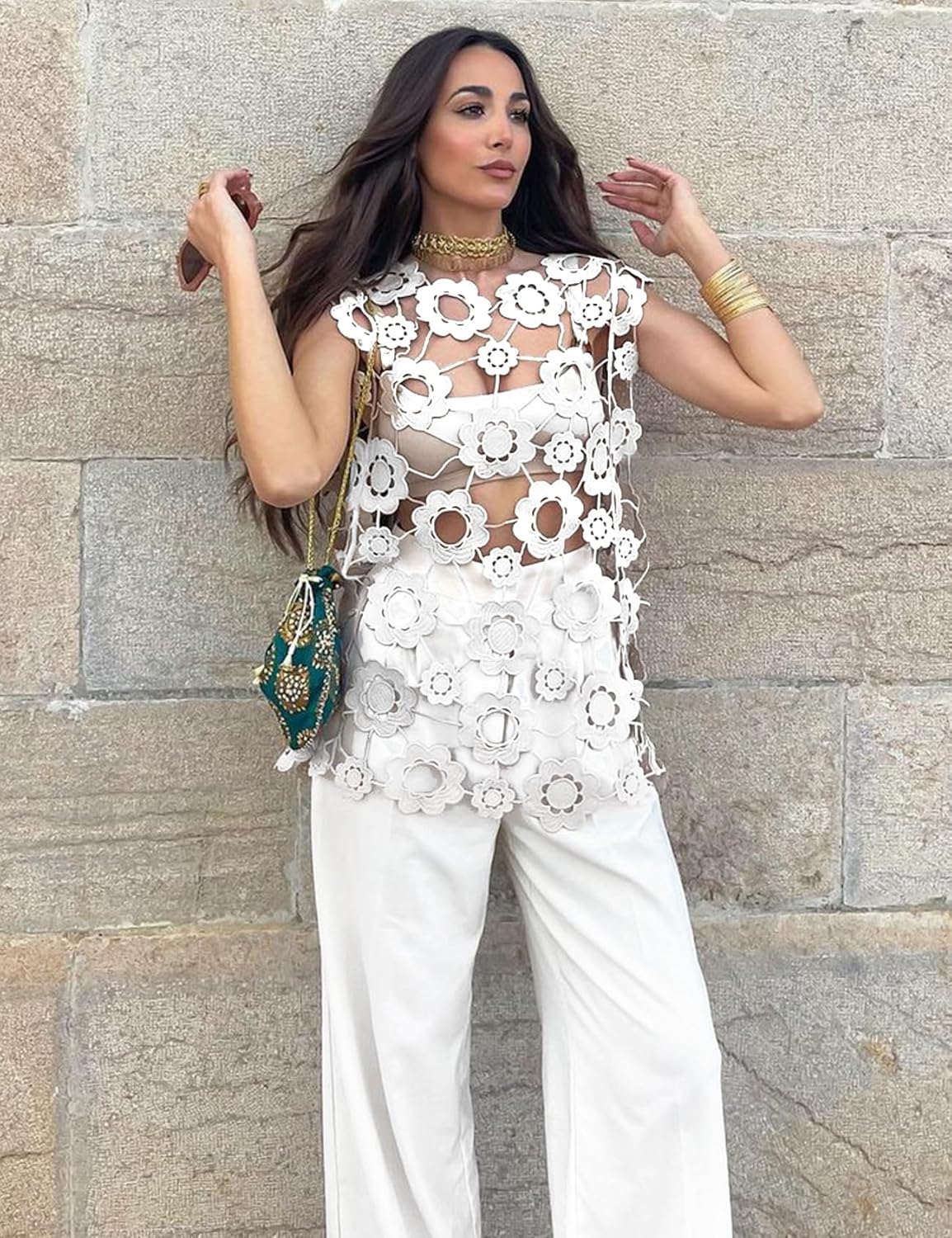 Yimoon Womens Hollow Out Floral Lace Vest Sleeveless Long Crochet Cover Up Crewneck Going Out Tops - Image 2