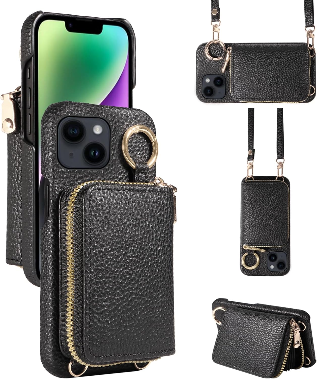 Wallet Case for iPhone 13 Mini 5.4 inch with Shoulder Strap Ring Buckle Zipper Flip Organ Purse, Credit Card Holder Stand Phone Cover for iPhone13mini i-Phone 13minicase i iPhone13 13mini Black