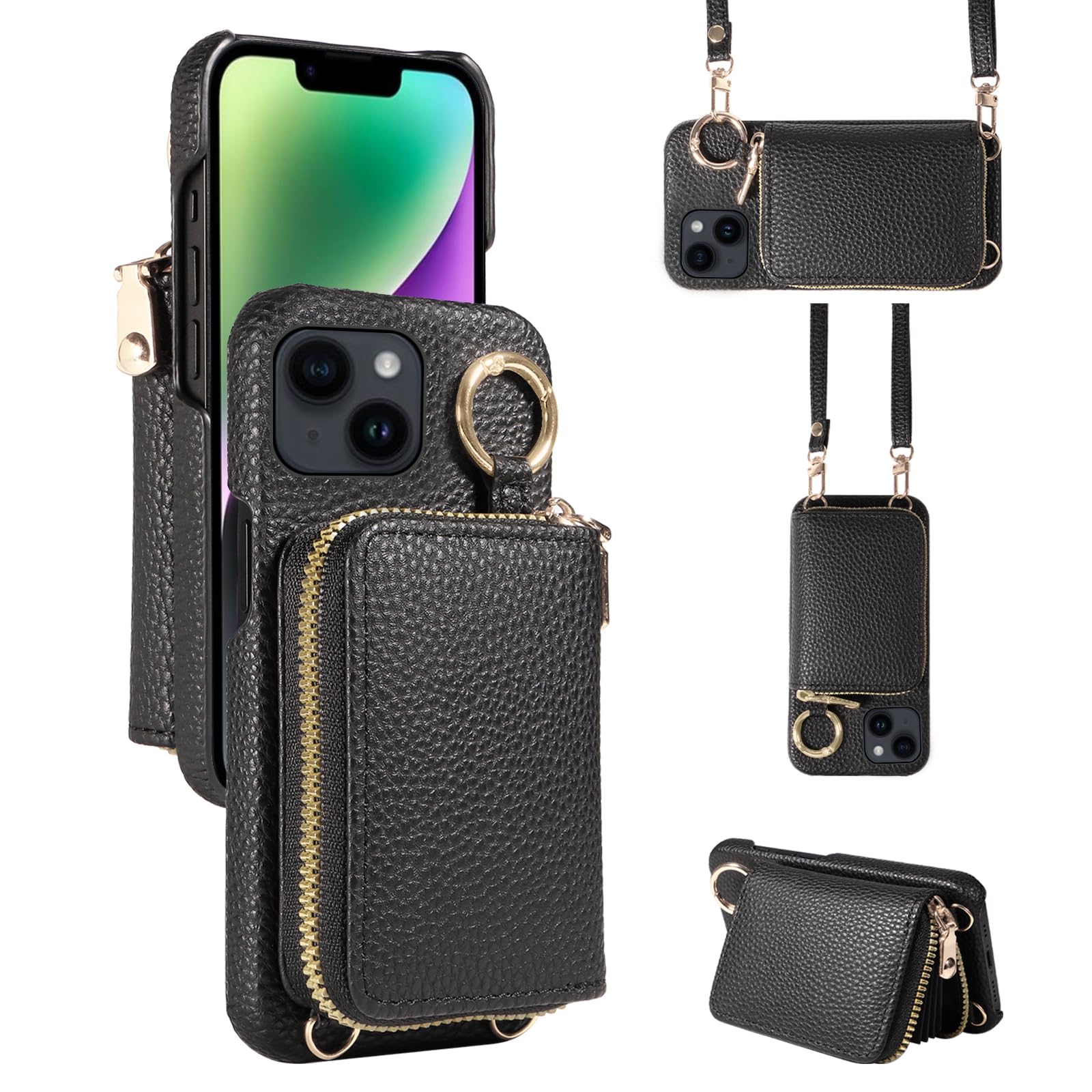 Furiet Wallet Case for iPhone 13 Mini 5.4 inch with Shoulder Strap Ring Buckle Zipper Flip Organ Purse, Credit Card Holder Stand Phone Cover for