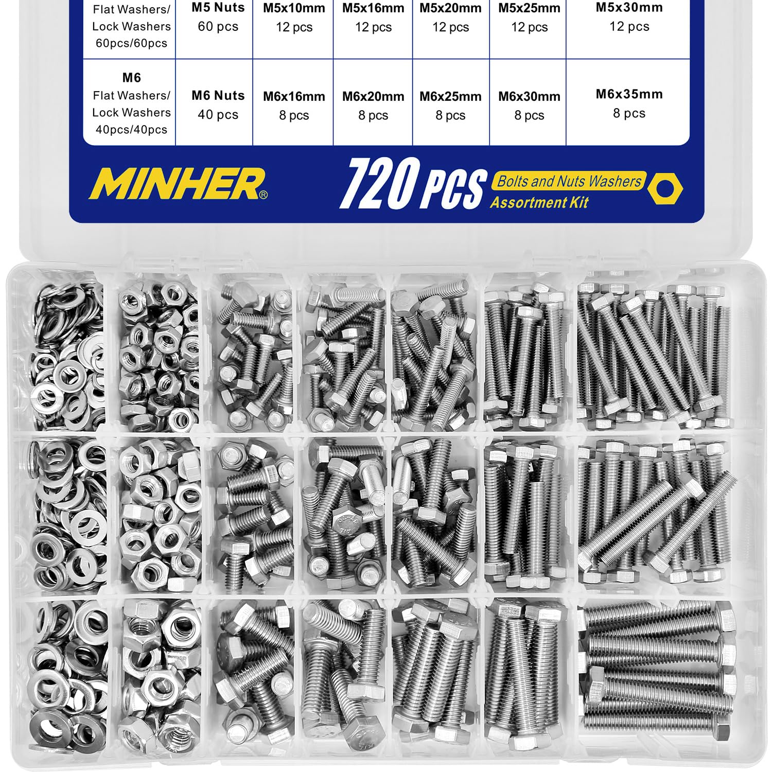 M4 M5 M6 720 PCS Boulons et écrous de Sortilège Rondelles Ensemble 304 Acier Inoxydable de Coin Extérieur Vis Hexagonale