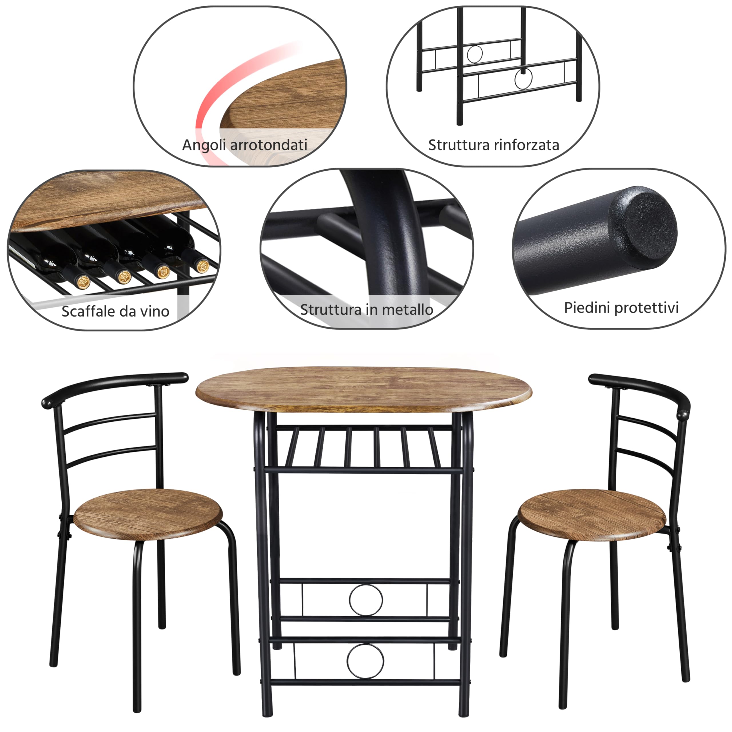 Yaheetech Set Mobili da Bar Tavolo e 2 Sedie Sala da Pranzo Cucina Piccoli Spazi Salvaspazio Balcone per 2 Persone in Legno e Metallo Sedia Portata 136 kg Marrone Retro