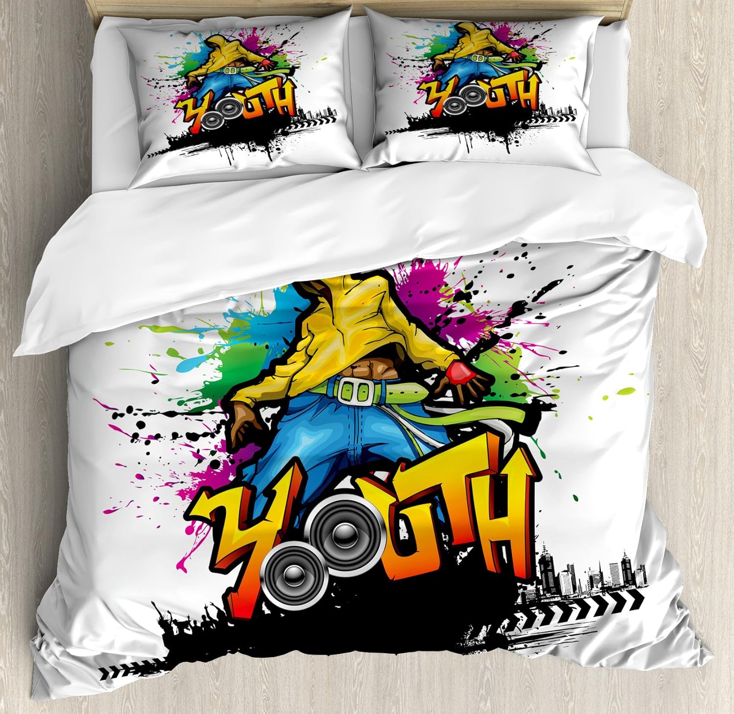 Ambesonne Youth Duvet Cover Set, Young Man Hip Hop Culture Graffiti Art and Street Culture Performer Colorful Grunge, Decorative 3 Piece Bedding Set with 2 Pillow Shams, King Size, Yellow Blue King Yellow Blue