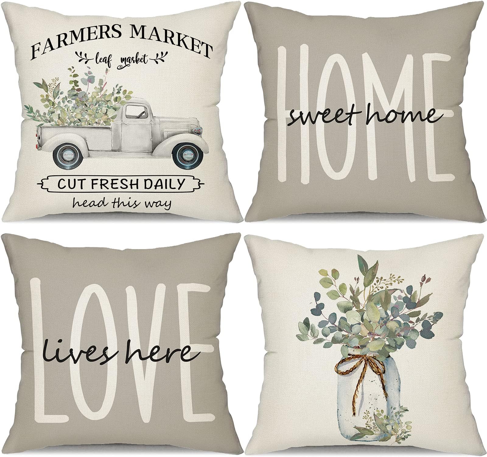 DFXSZ Farmhouse Pillow Covers 18x18 Set of 4,Eucalyptus Leaves Decorations Truck Vase Home Sweet Home Linen Cushion Case Gifts for Home Decorโฆ