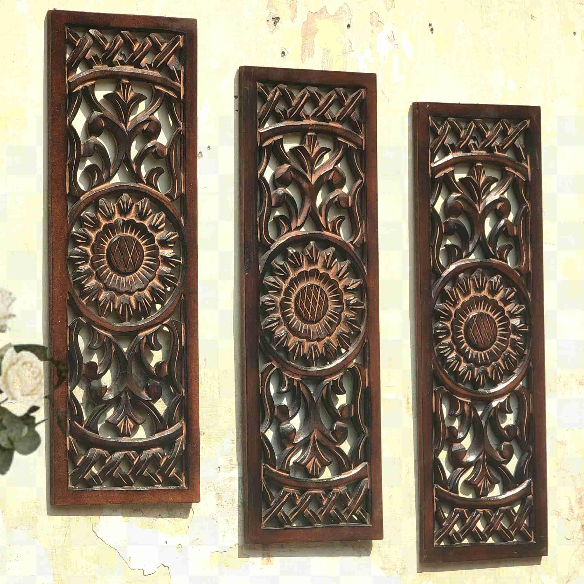 DE KRAFTSMAN wall panels for living room/set of 3 wall decor MANDLAA handcarved antique wall panel decor