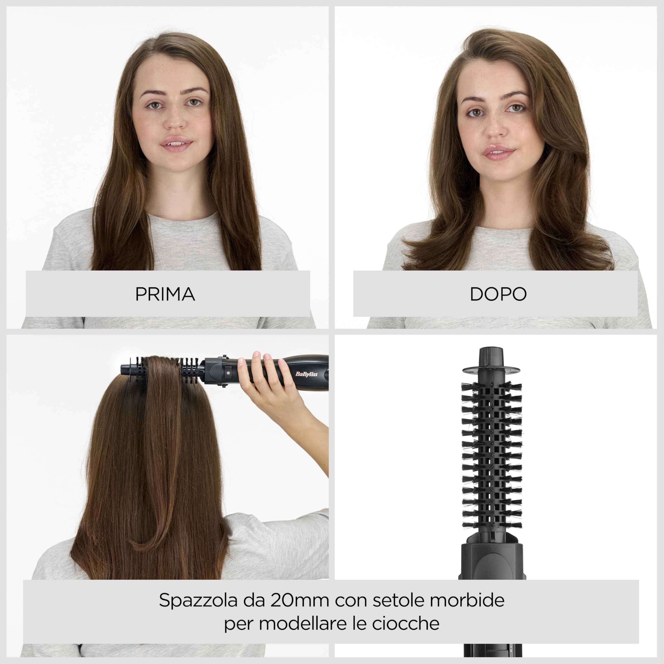 BaByliss Smooth Finish 1200 – Spazzola ad Aria Calda 4‑in‑1 per Asciugare, Lisciare, Modellare e Dare Volume, Tecnologia Ionica & Ceramica, 4 Accessori, 1200W, Nero/Rosa, AS122E