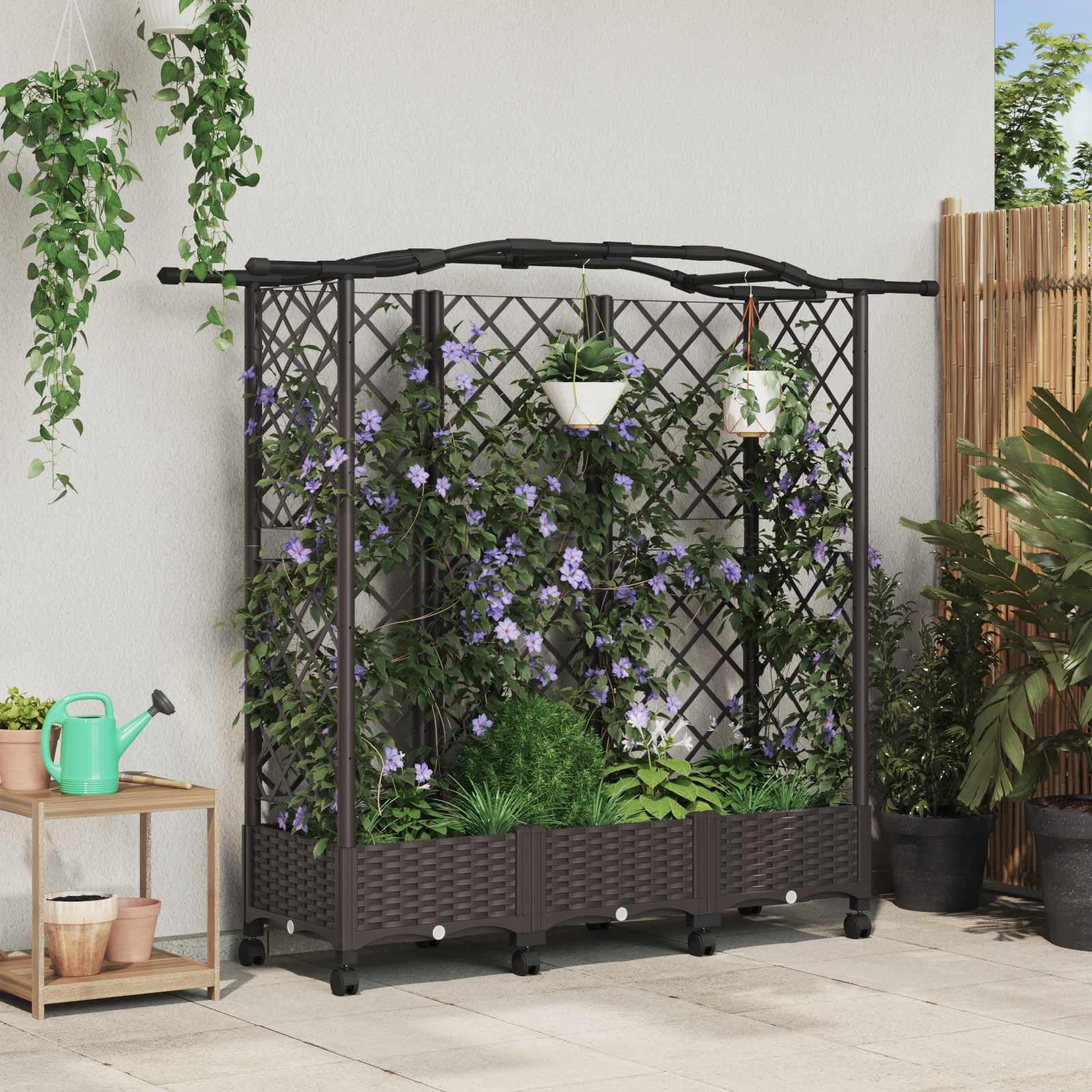 Jardinera con enrejado y techo marrón de polipropileno 163 x 40 x 129 cm para terraza, jardín y balcón, maceta con riego y almacenamiento de agua para hierbas y verduras