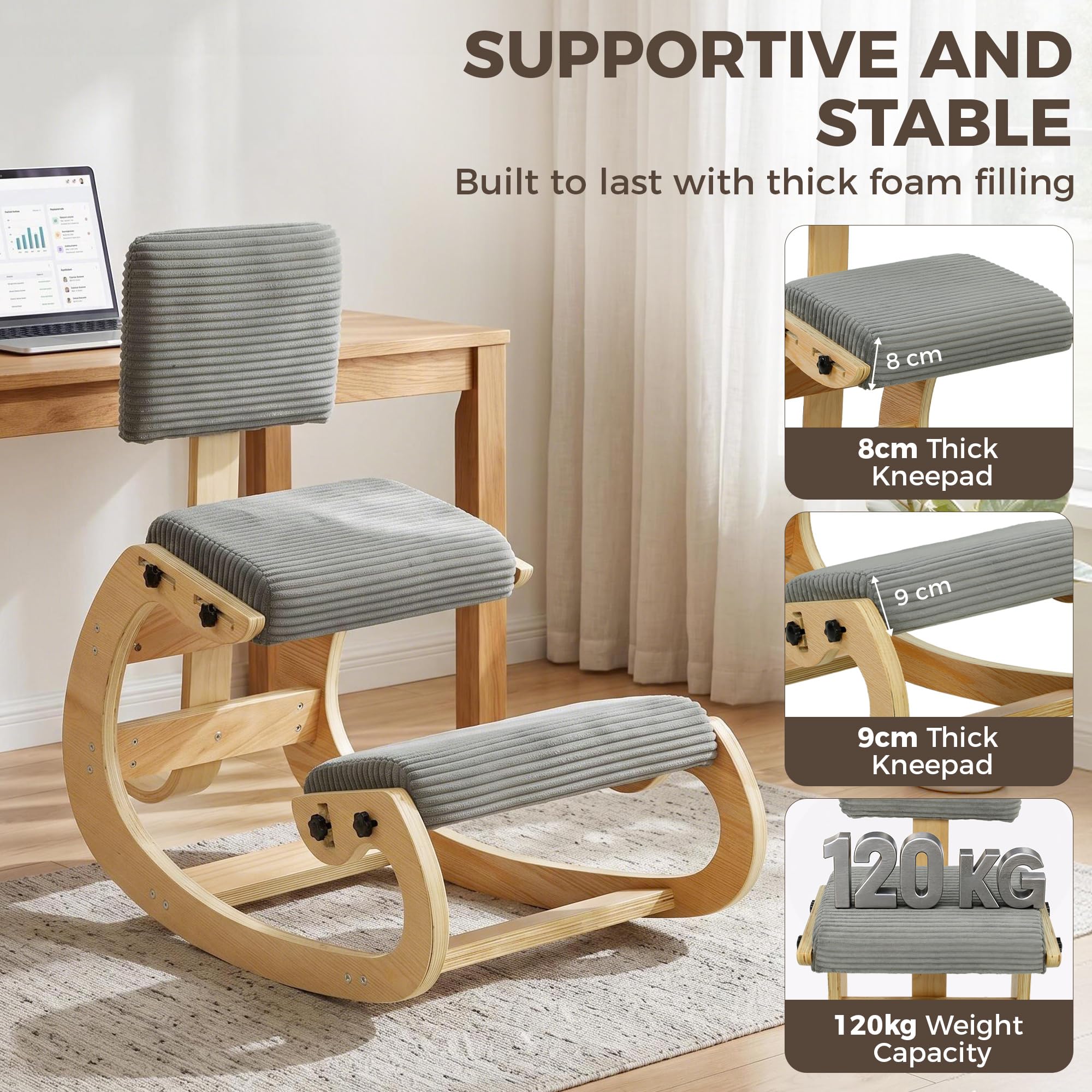 HOMCOM Silla Ergonómica de Rodillas con Respaldo Tapizado en Pana Gris | Silla de Rodillas, Amplio Apoyo, Estructura de Madera, Mejora la Postura