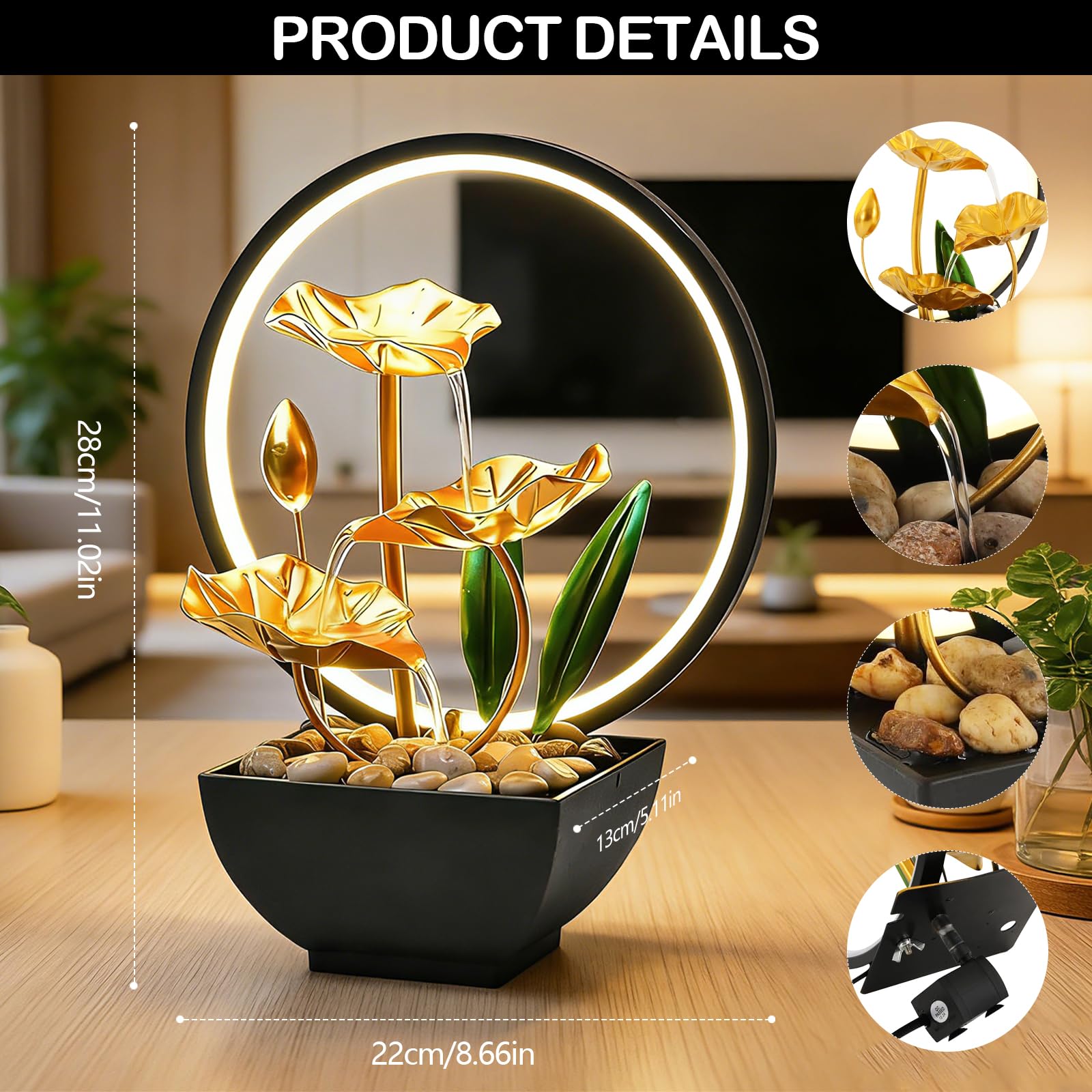 Fontaine d'intérieur, cascade, de table, avec éclairage LED, décoration moderne zen avec pompe silencieuse, 3 niveaux, mini cascade, petite pour maison, bureau, salon, jardin