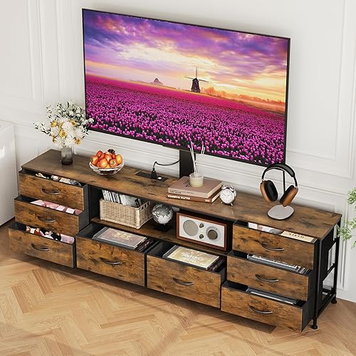 Miniatura 2 de Soporte de TV con soporte y toma de corriente, soporte de TV FarmhouseTV con 8 cajones de tela y luz LED, centro de entretenimiento industrial para