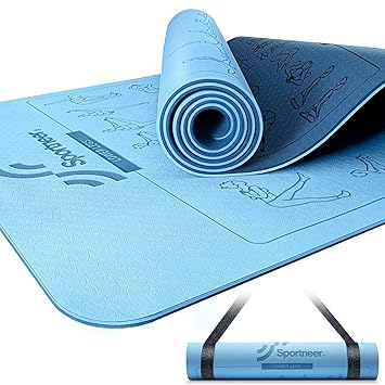 Instructional Yoga Mats with 150 Fade-proof Poses Printed on It - 24" Wide x 72" Long Double-Sided Non Slip TPE Eco-Friendly Workout Mat - 6mm Thick Exercise Mat with Carrying Strap for Beginners - image, photos