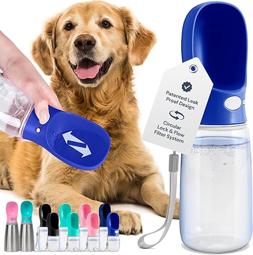 MalsiPree Leak Proof Portable Dog Water Bottle with Bowl - 19 oz, Blue - Travel Dog Water Bowl Dispenser - Food Grade Plastic - Puppy Travel Dispenser