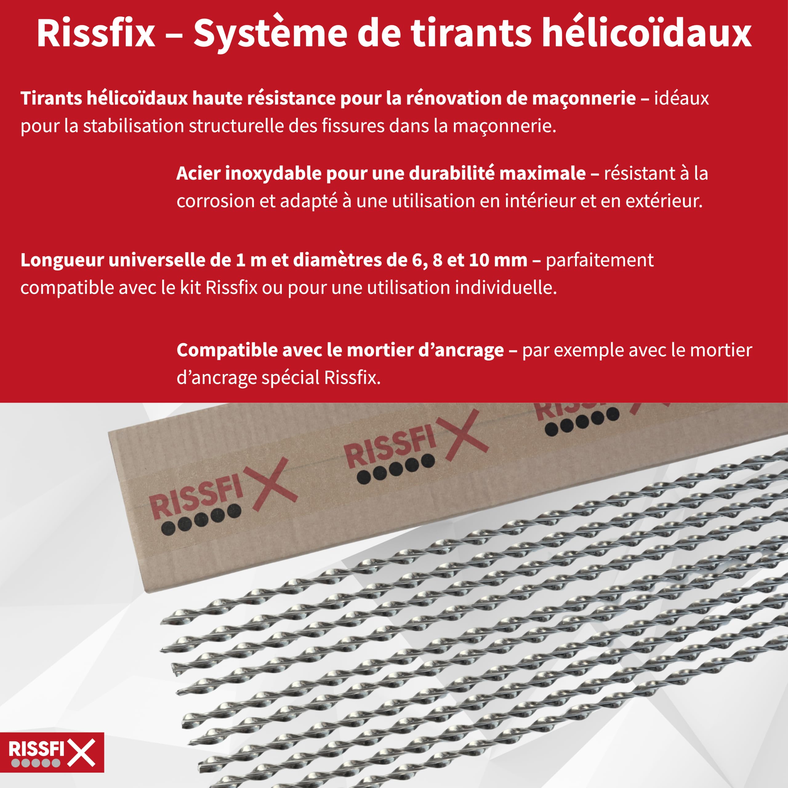 Agrafes hélicoïdales en acier inoxydable (10 barres de 1 m) – réparation fissure mur extérieur, fissure façade (⌀ 8 mm)
