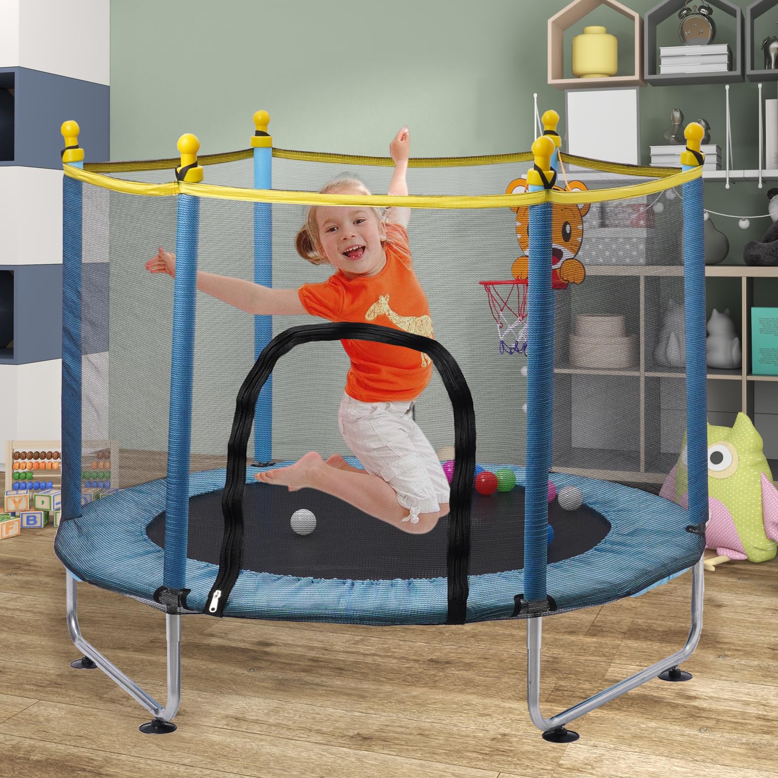 Kinder Trampolin 140 cm, Trampoline Outdoor mit Sicherheitsnetz, Indoor Kindertrampolin mit Basketballkorb, Kleines Trampolin Outdoor für Kinder ab 2 3 Jahre