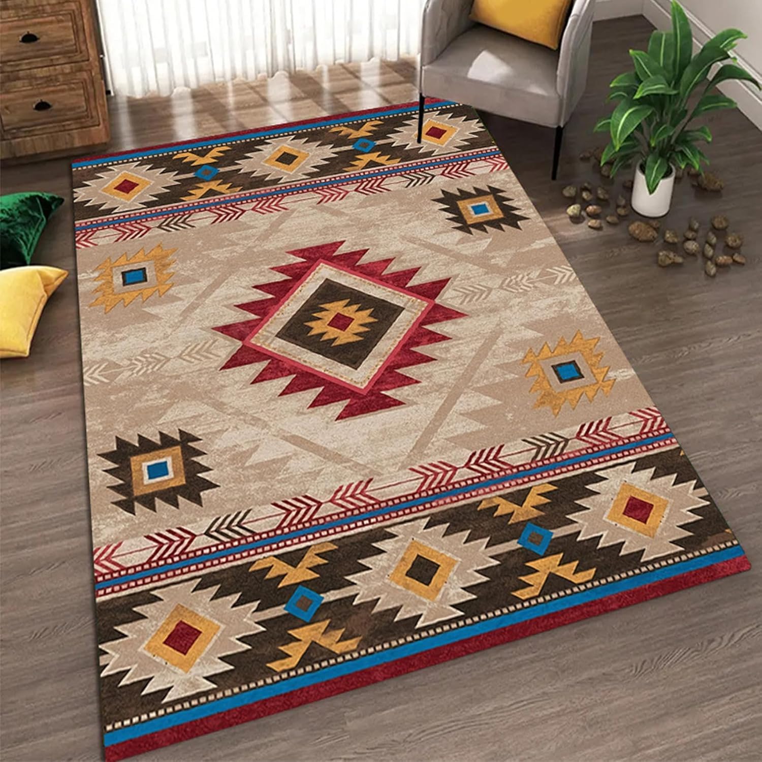 Grand tapis de salon antidérapant imprimé géométrique marron 150 x 180 cm
